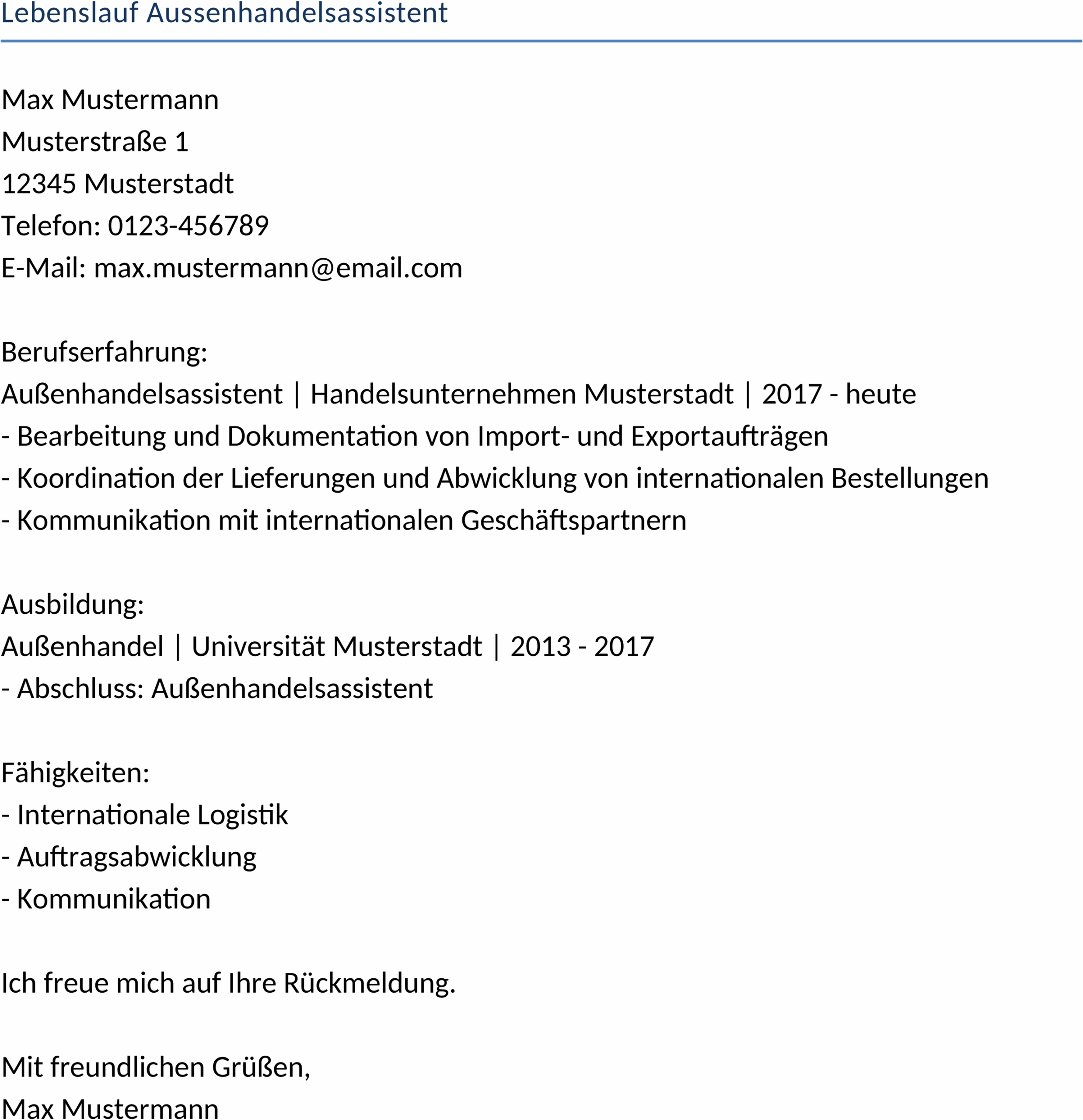 Word Lebenslauf für Aussenhandelsassistent
