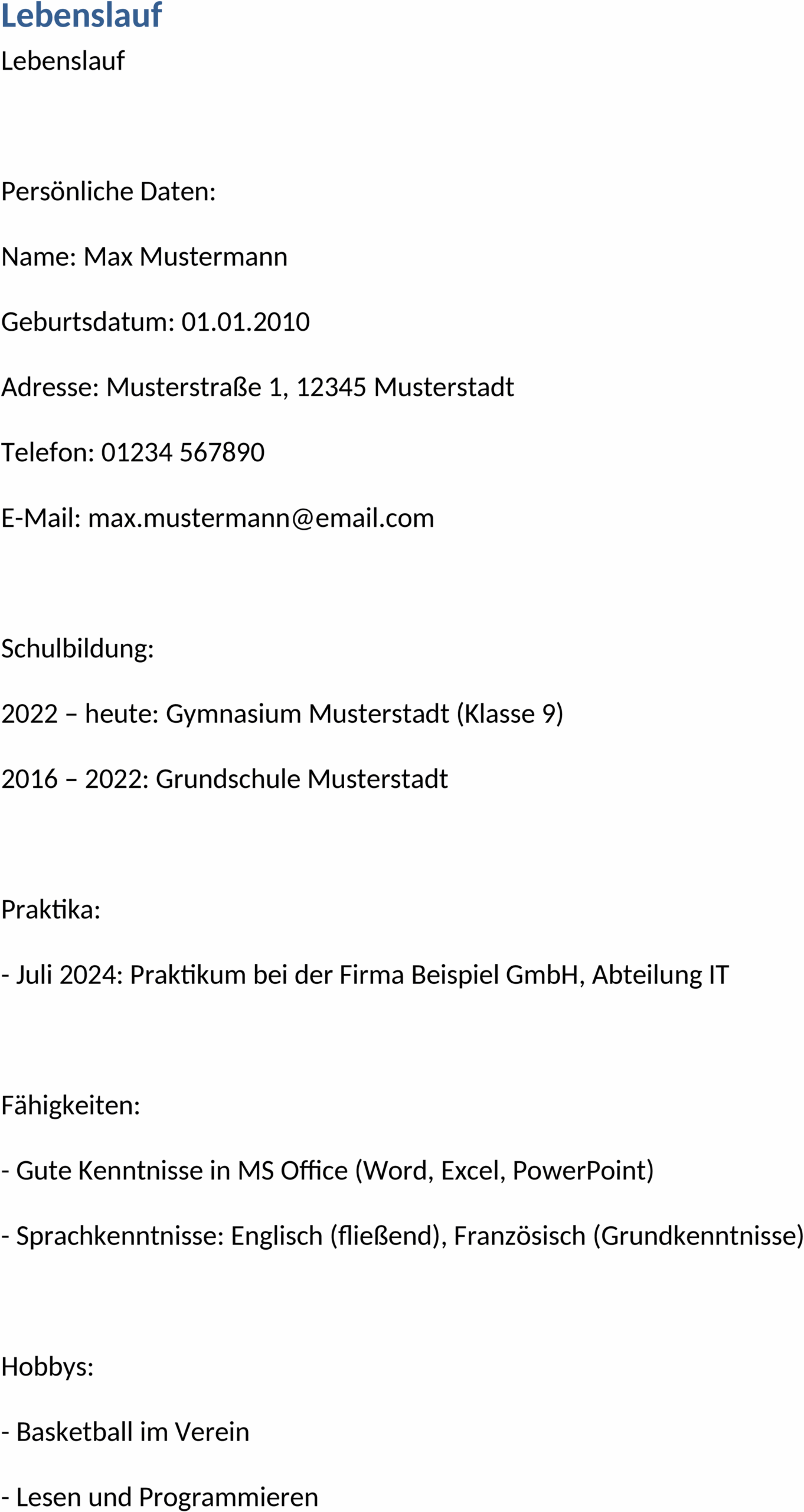 Word-Lebenslauf für Schüler