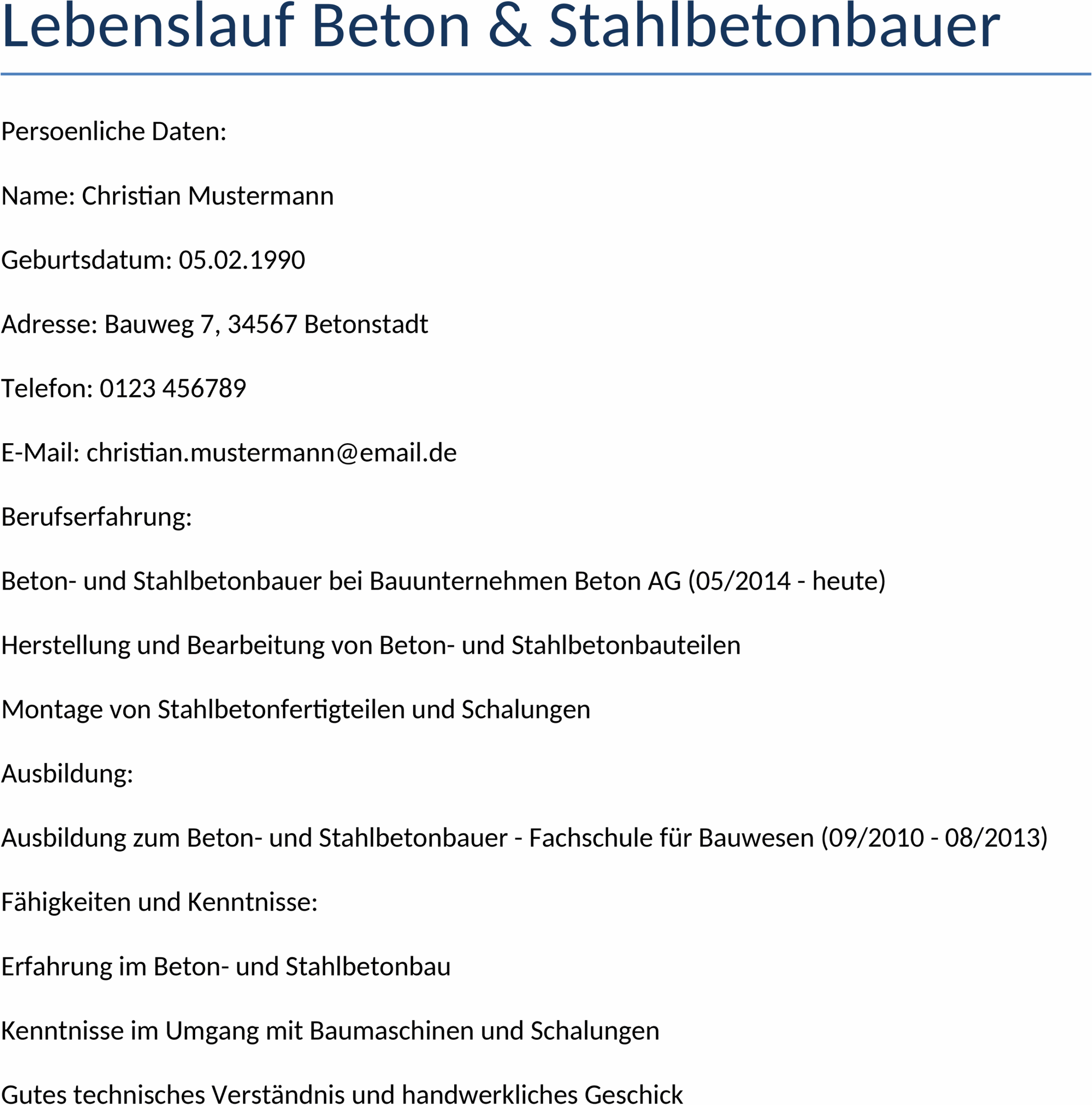 Word-Lebenslauf für Stahlbetonbauer