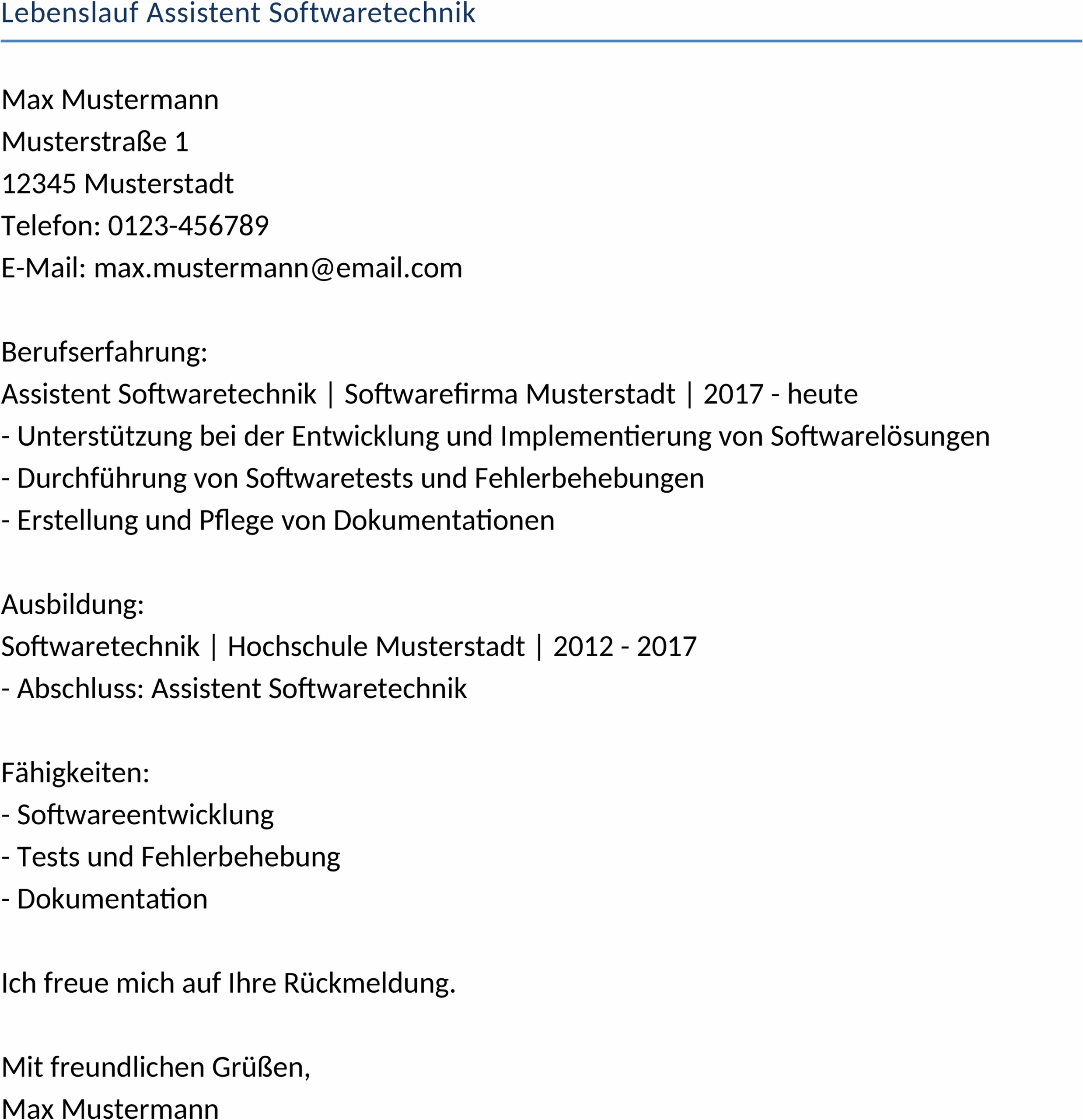 Word Lebenslauf Vorlage für Softwaretechnik Assistenten