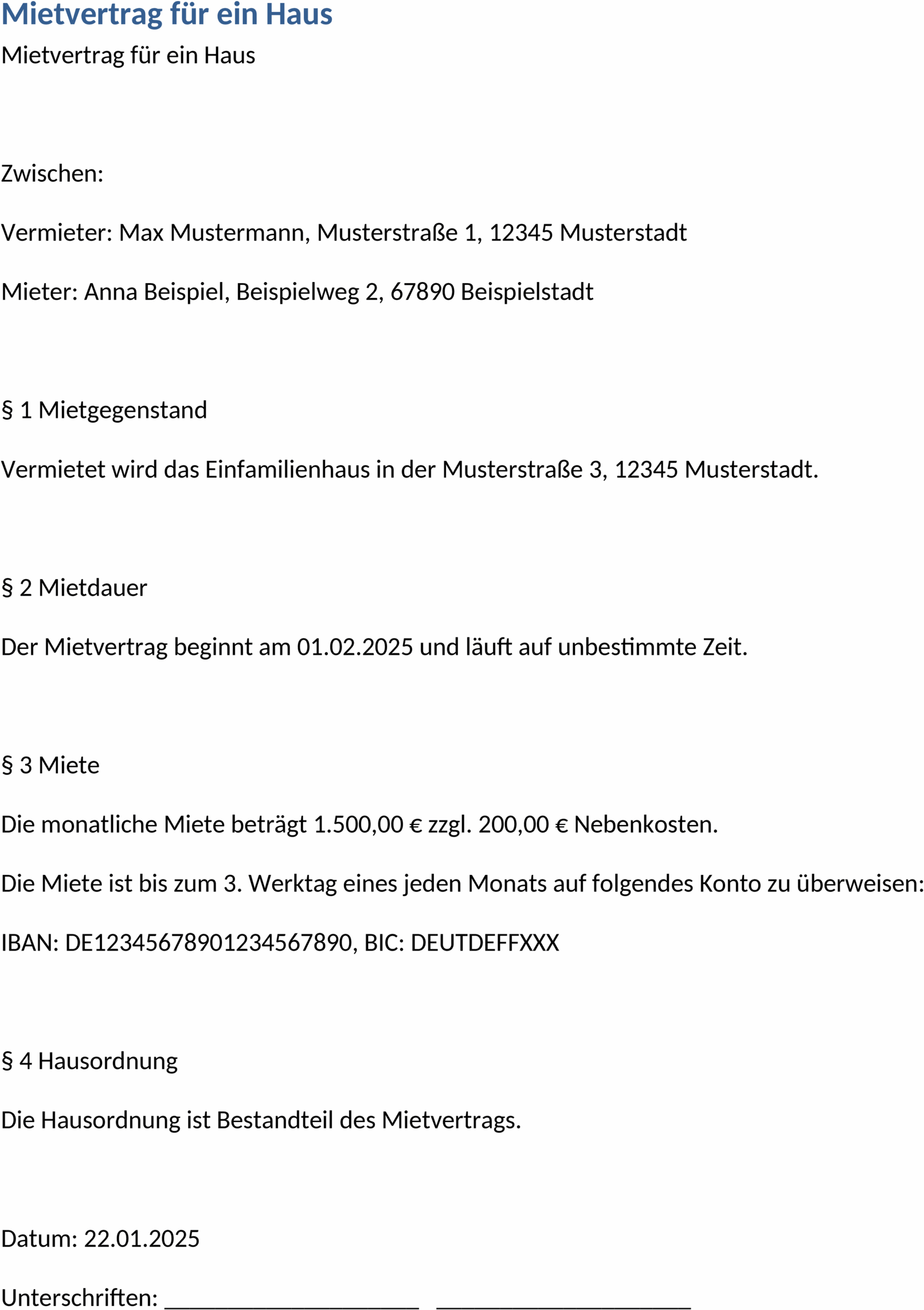 Word-Mietvertrag für ein Haus