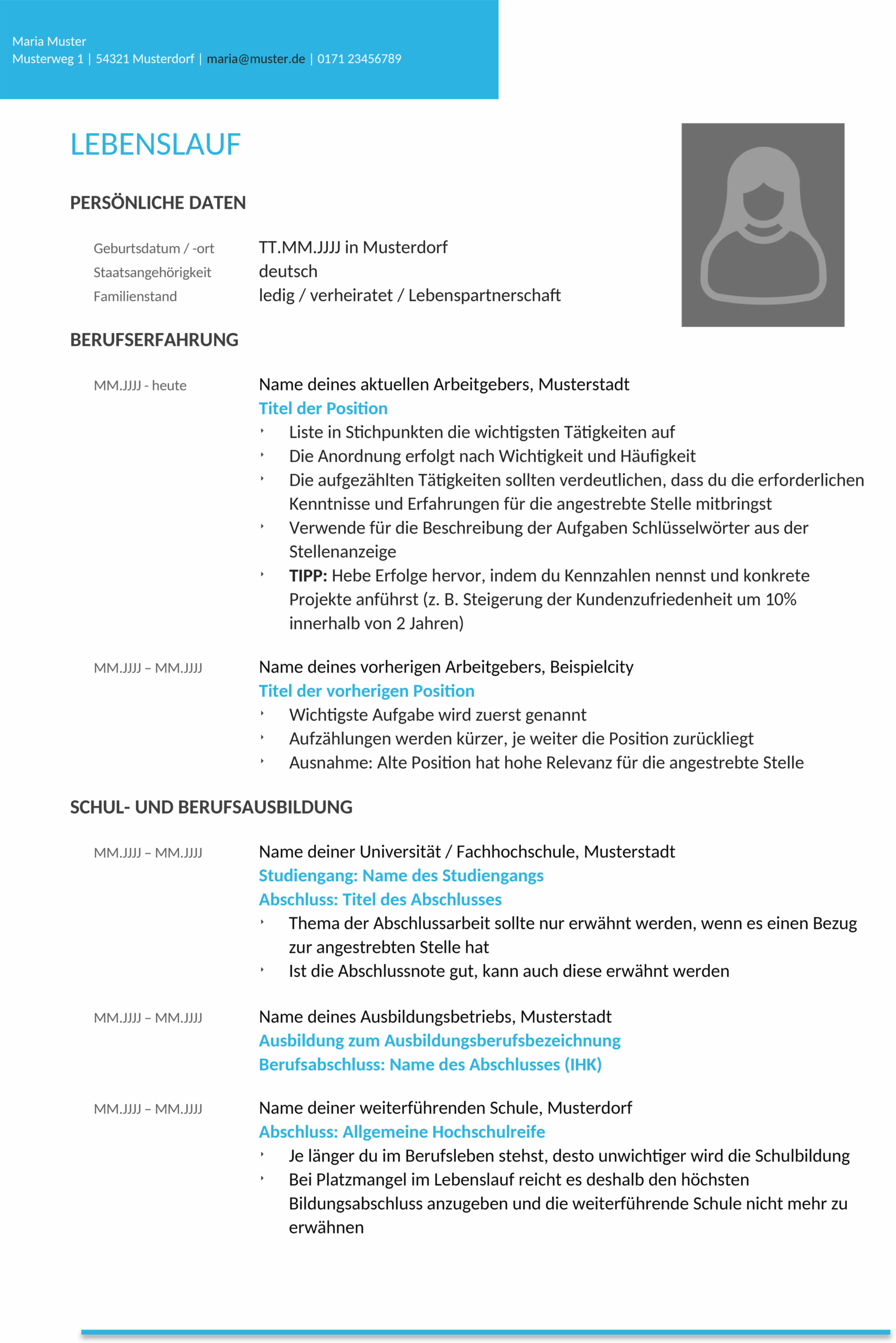 Word-Mustervorlage Lebenslauf für Berufseinsteiger
