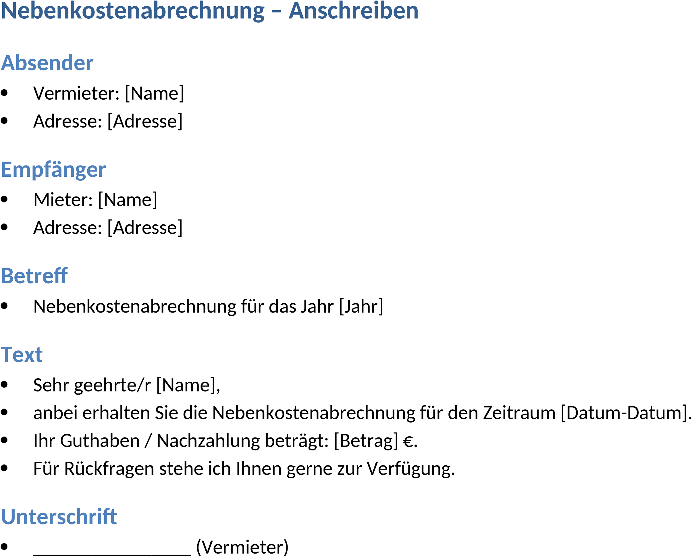 Word Nebenkostenabrechnung Anschreiben