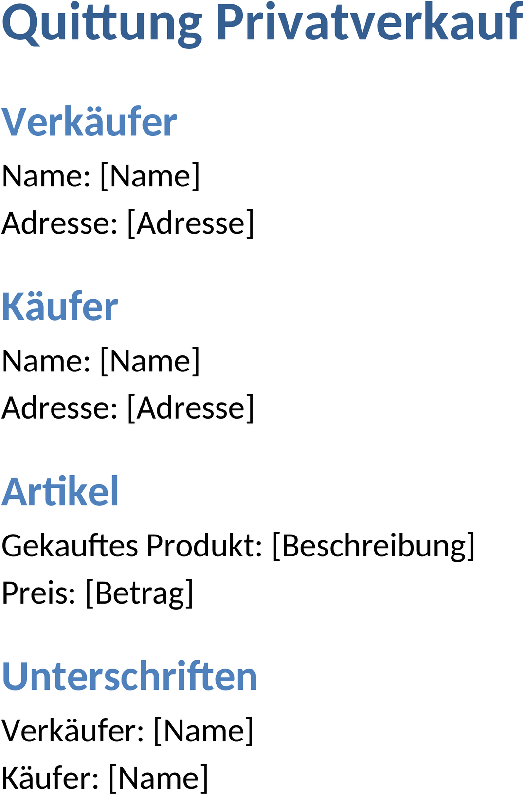 Word-Quittung für Privatverkauf