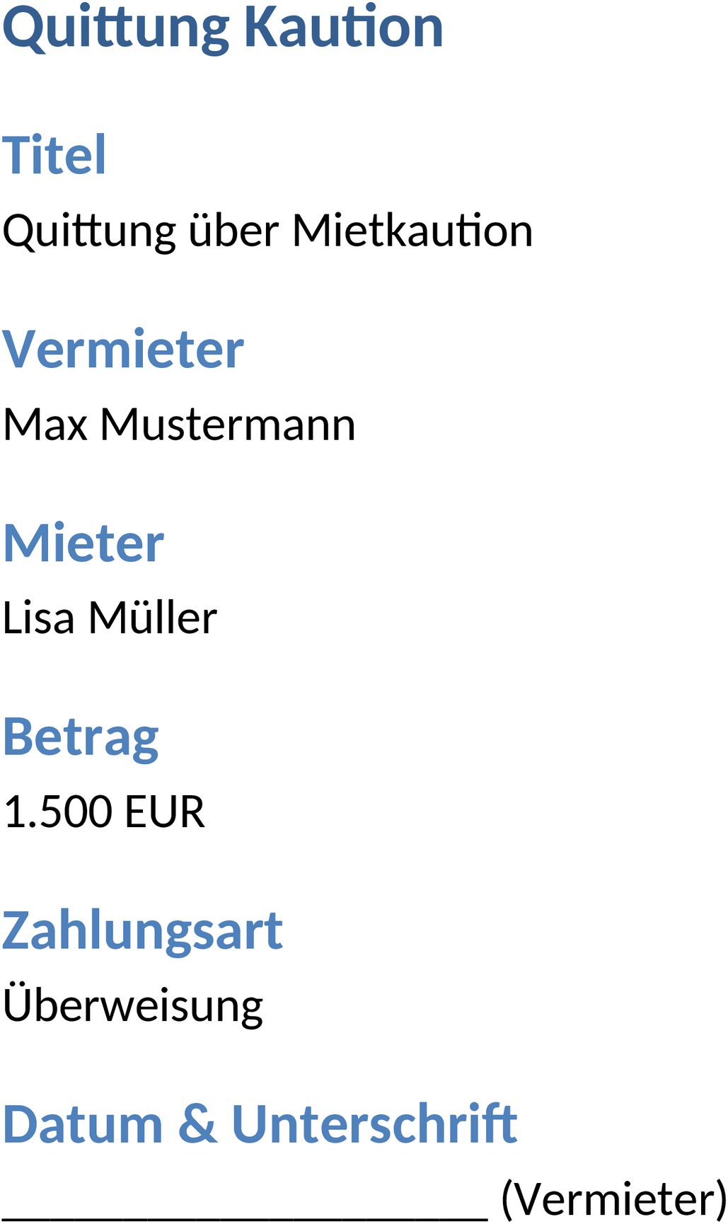 Word-Quittungsvorlage für Kautionszahlungen