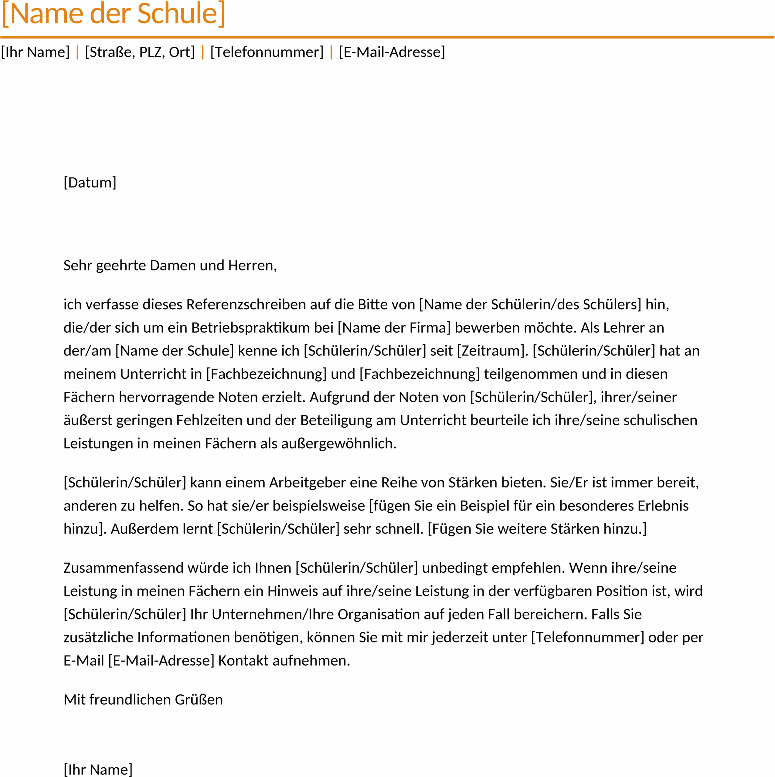 Word-Referenzschreiben-Template für Schüler