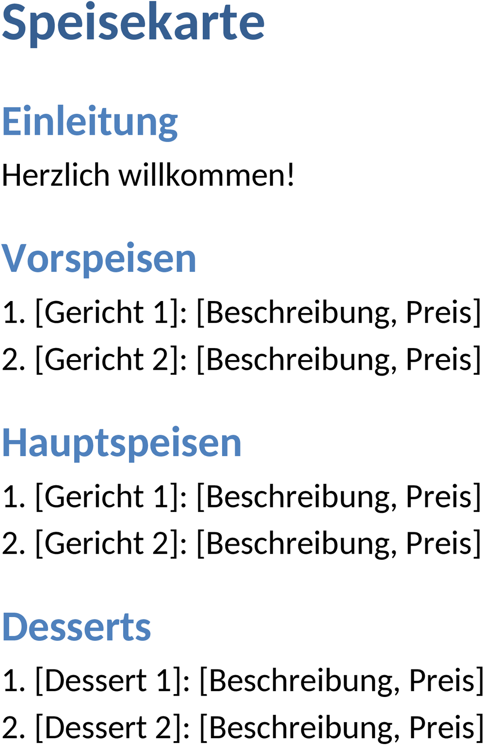 Word-Speisekarten-Vorlage für Restaurants
