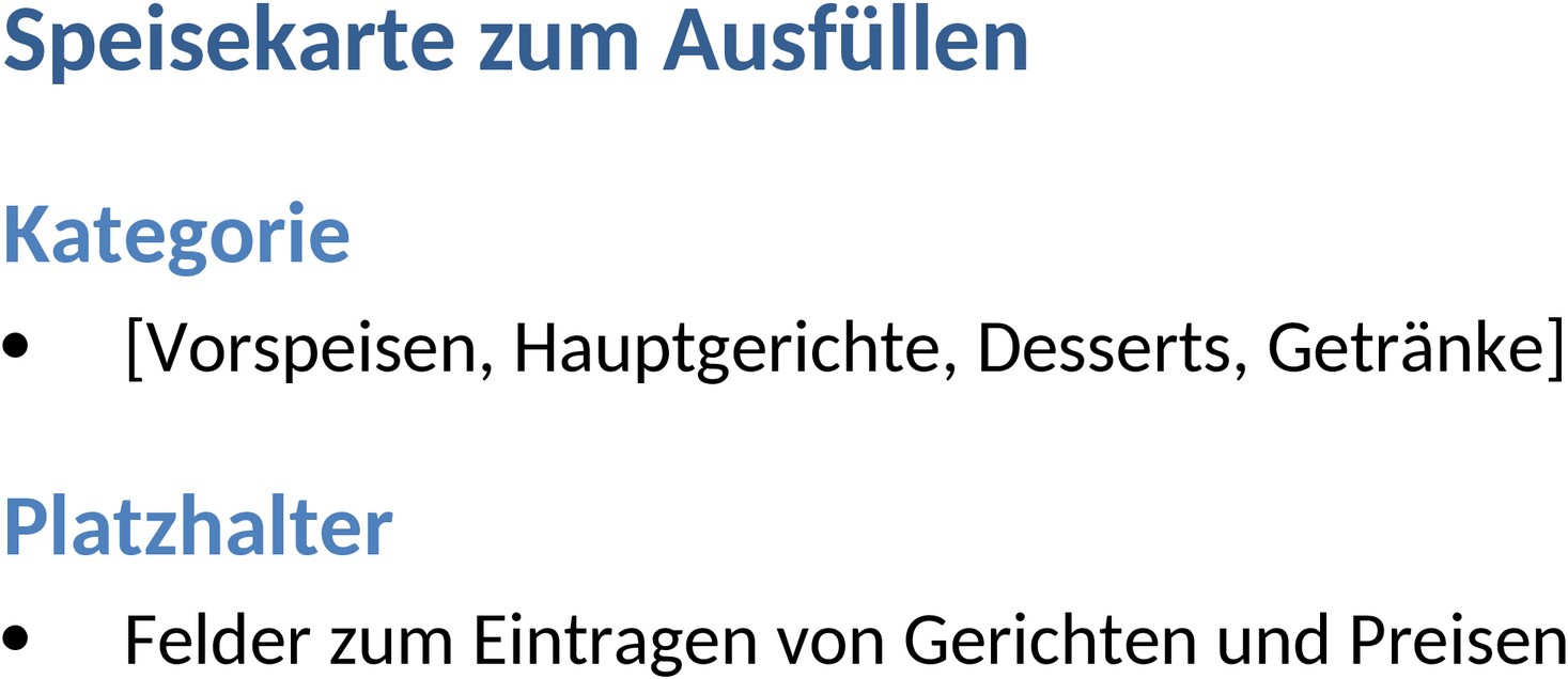 Word-Speisekartenvorlage zum Ausfüllen