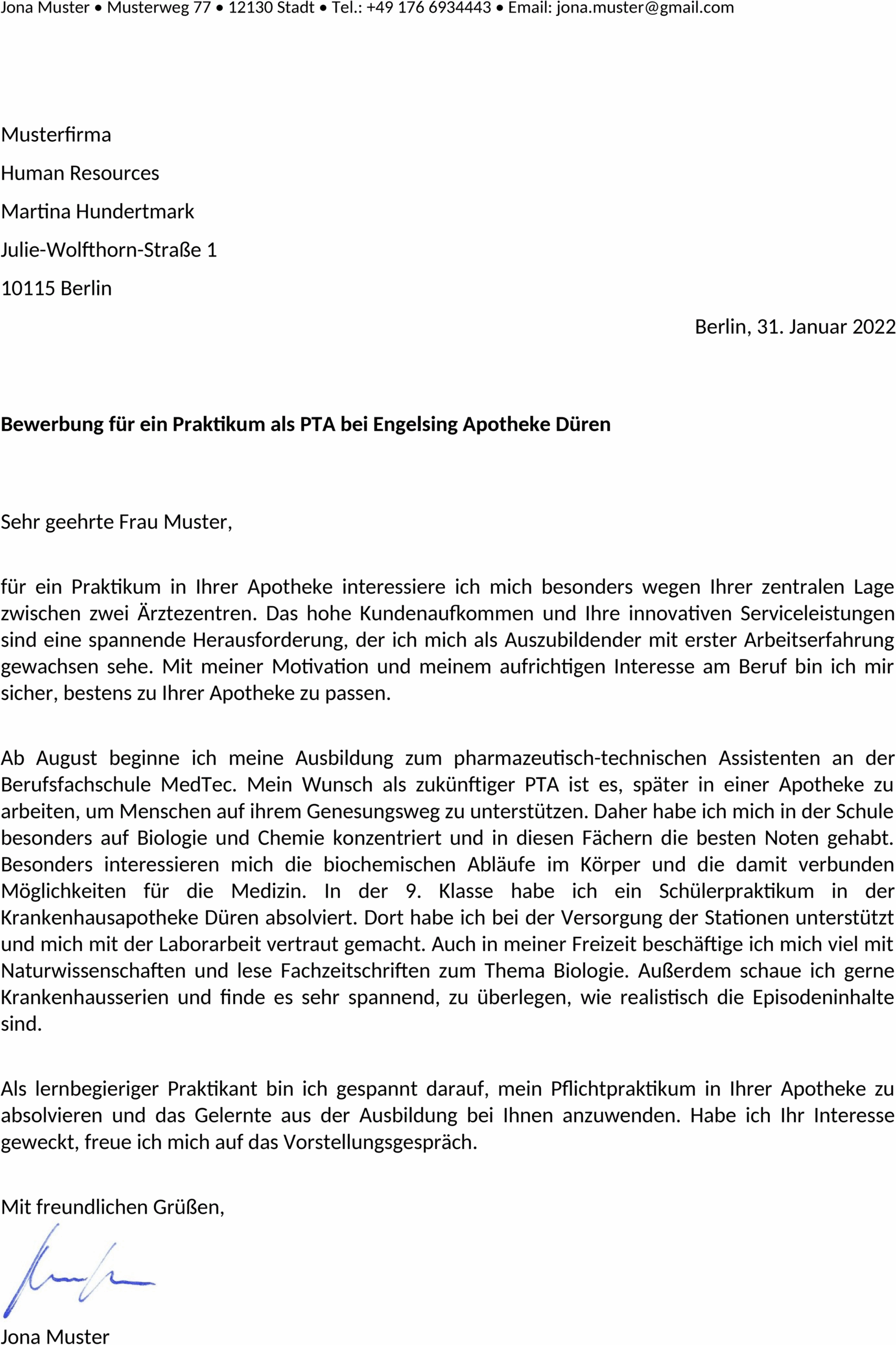 Word-Template Bewerbungsschreiben Praktikum PTA