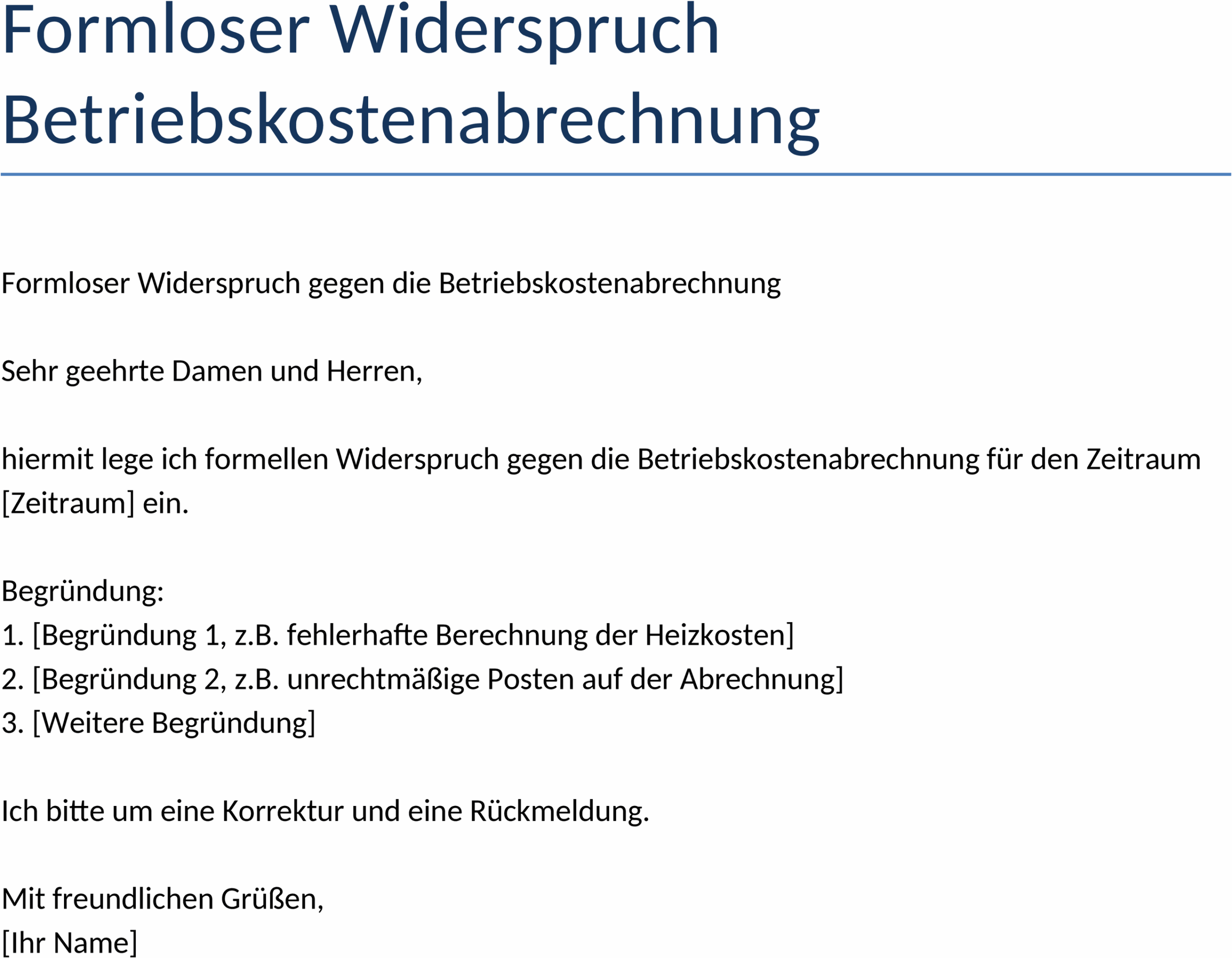 Word-Template Formloser Widerspruch zur Betriebskostenabrechnung