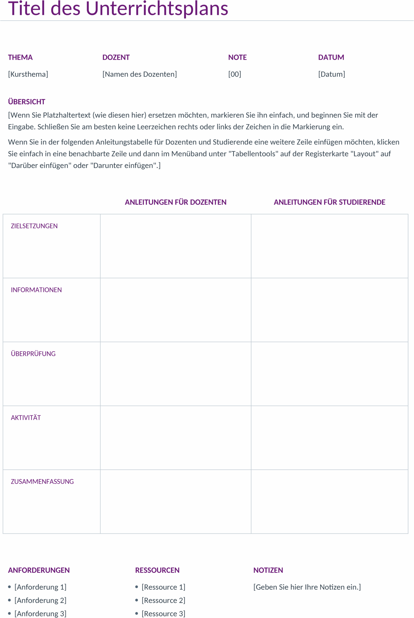 Word-Unterrichtsplan als Template