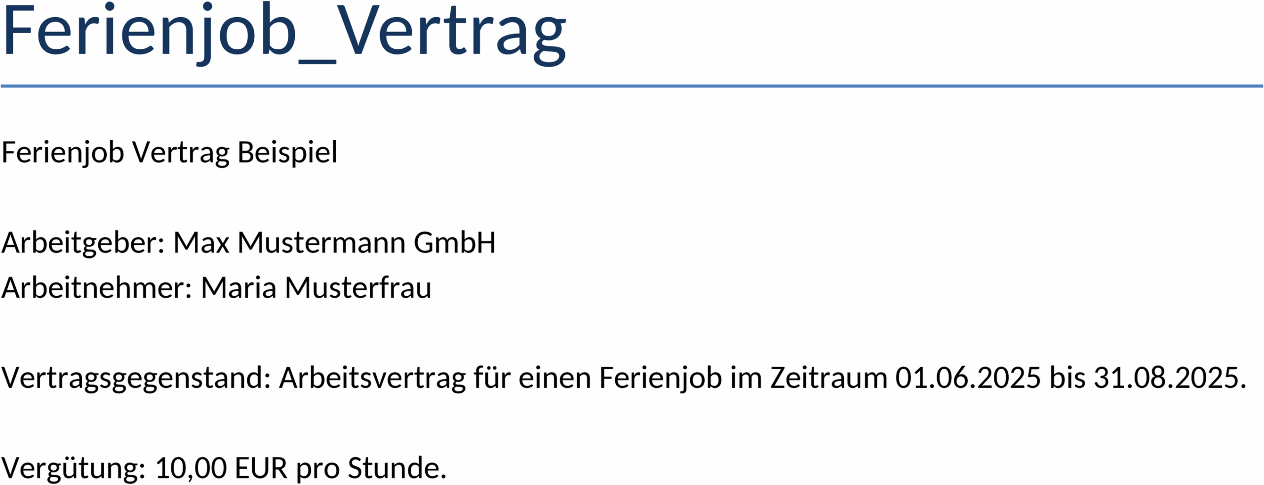 Word-Vertrag für Ferienjob