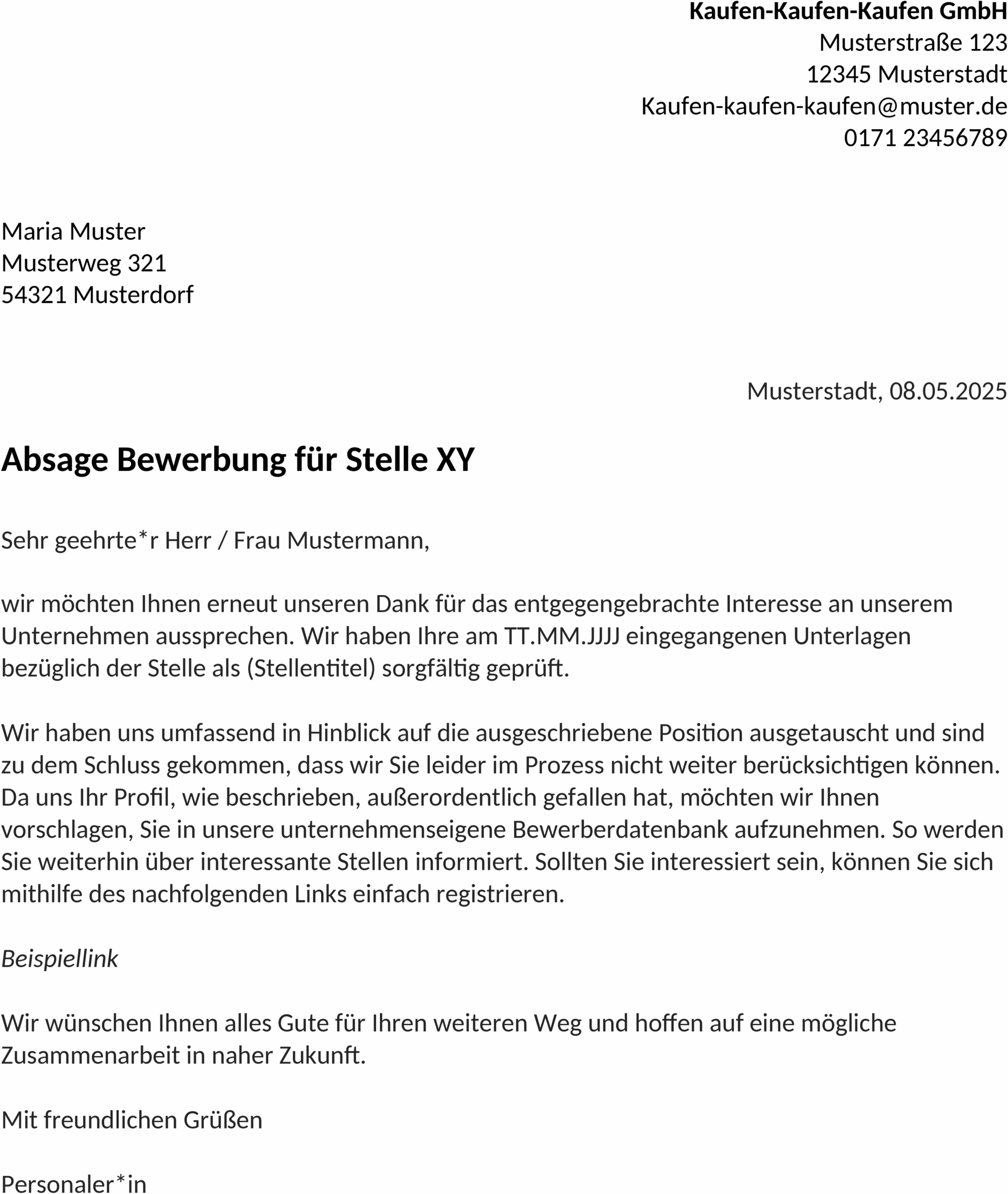 Word-Vorlage Absage Arbeitgeber