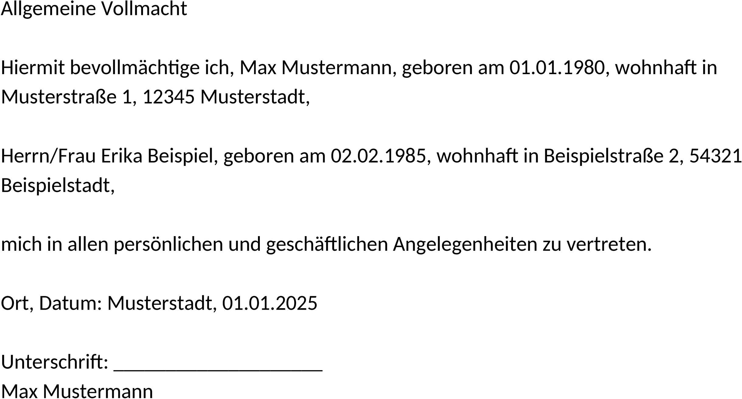 Word Vorlage Allgemeine Vollmacht
