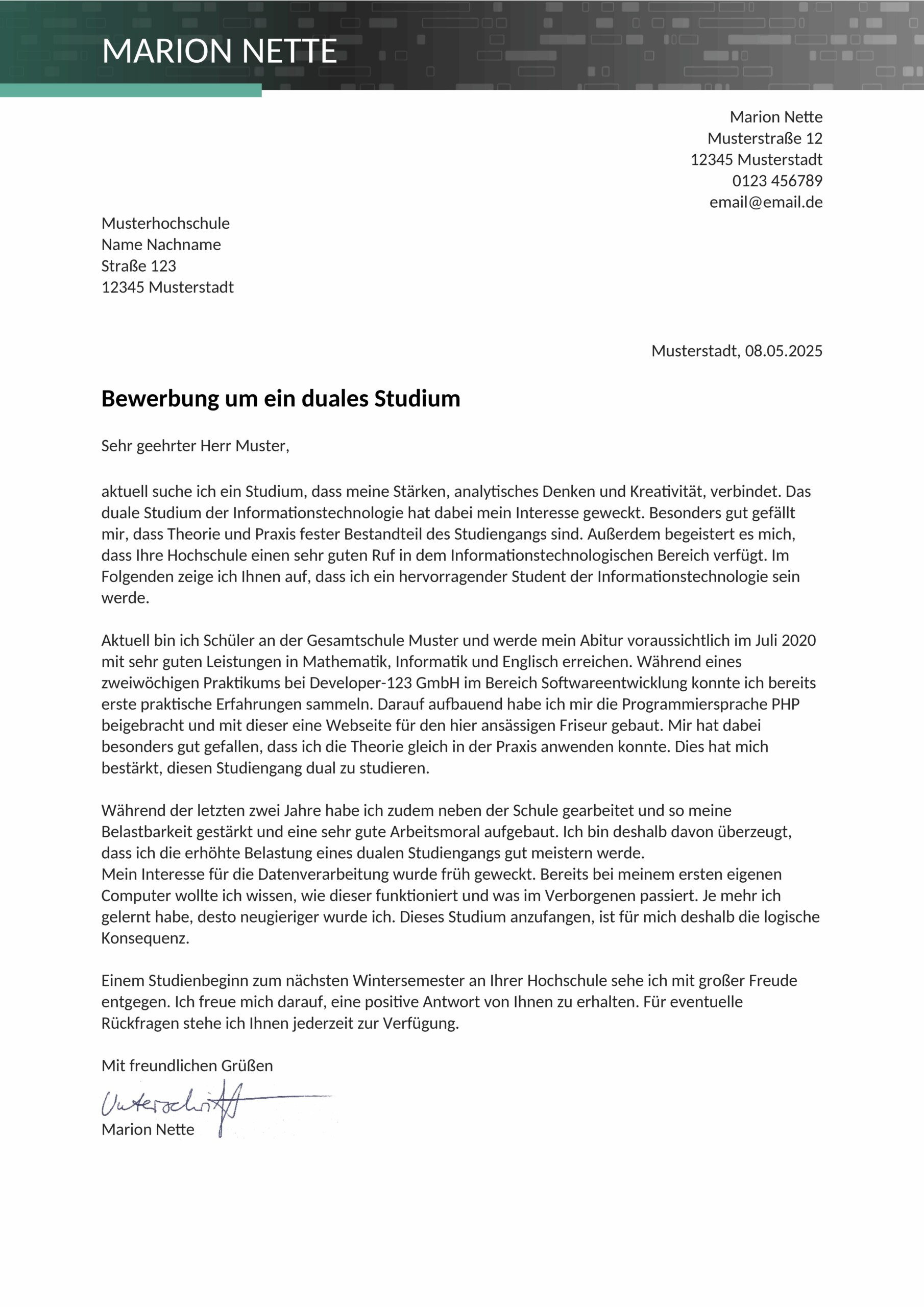 Word-Vorlage Anschreiben Duales Studium