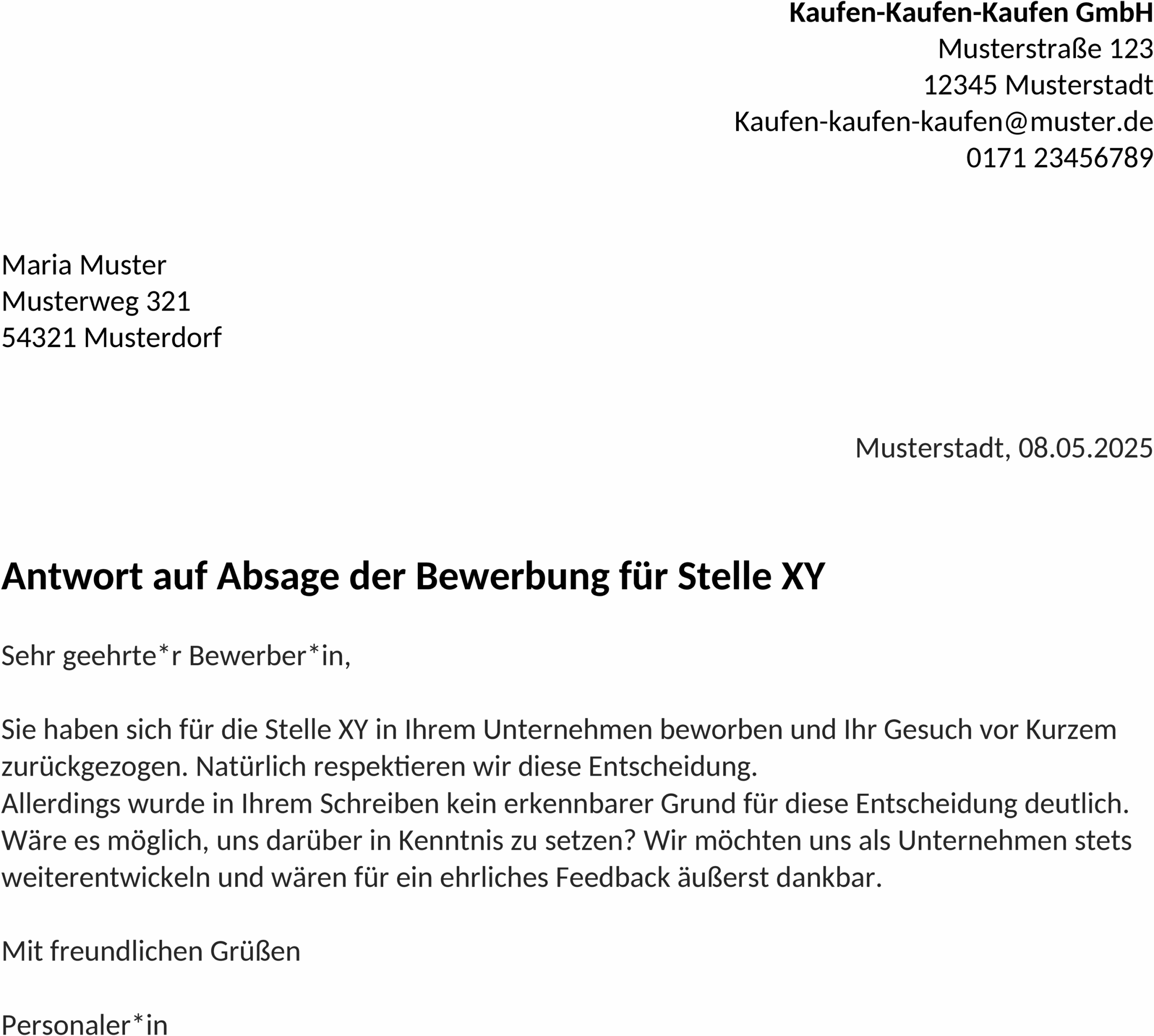 Word Vorlage Antwort Absage Arbeitgeber