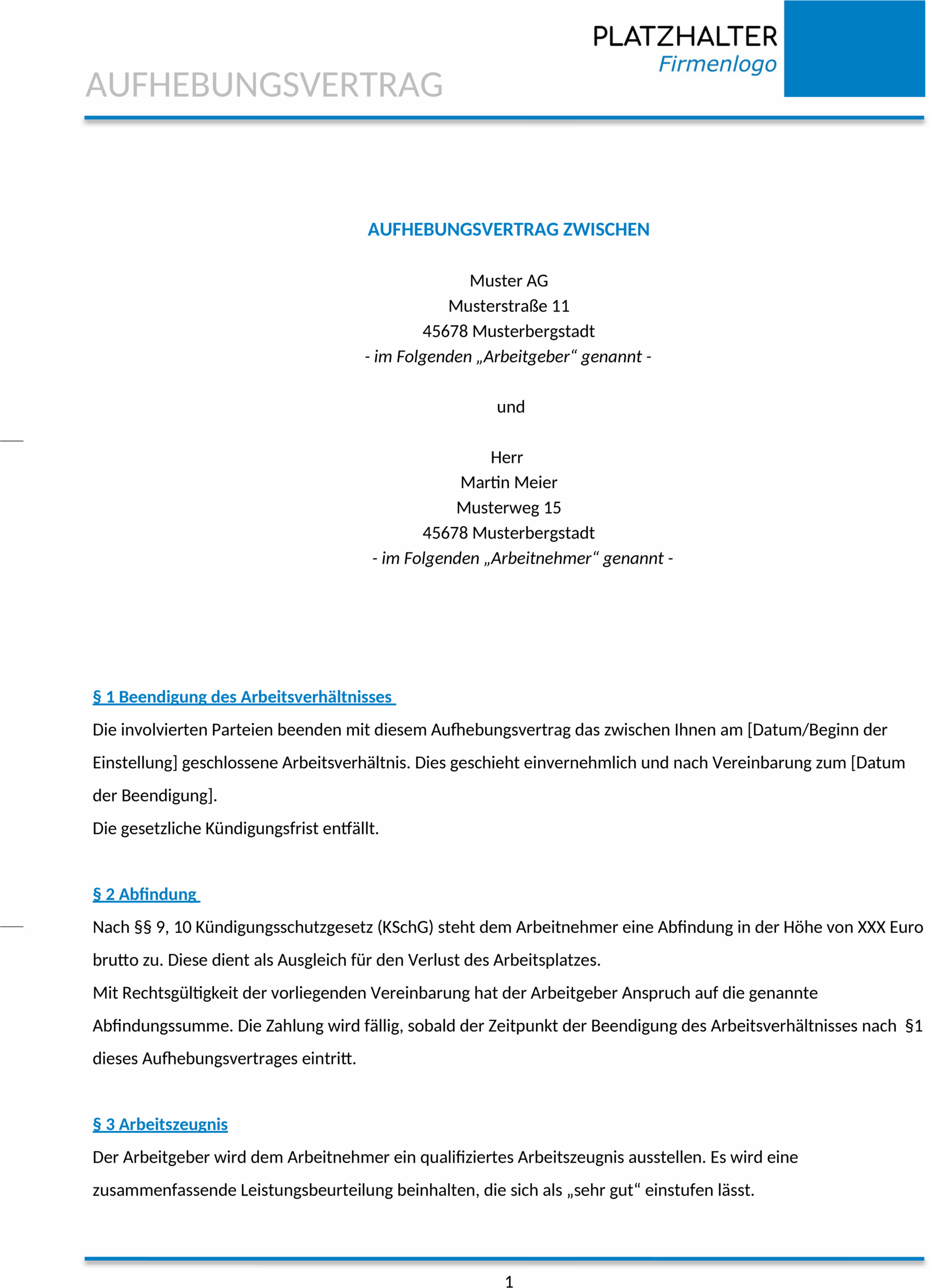 Word Vorlage Aufhebungsvertrag