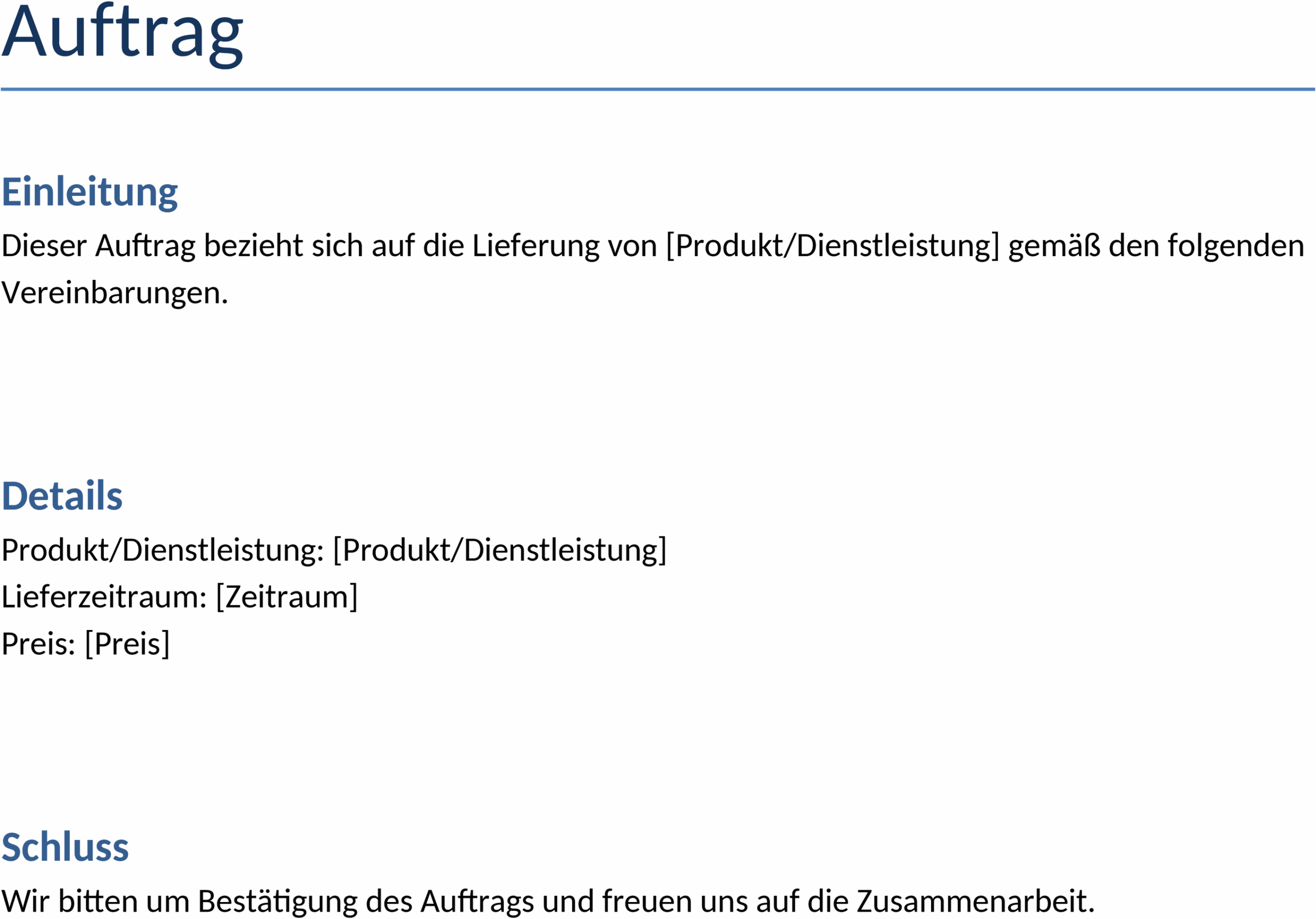 Word-Vorlage Auftrag zur Erstellung klarer und strukturierter Aufträge