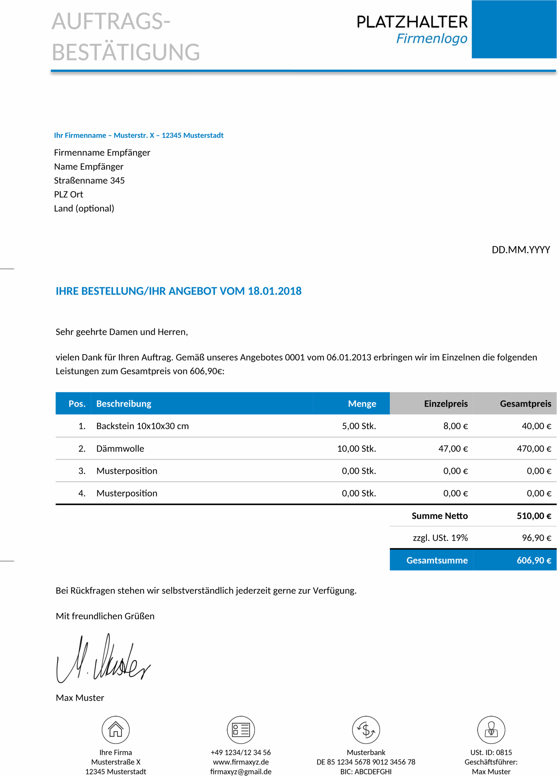 Word-Vorlage für Auftragsbestätigung