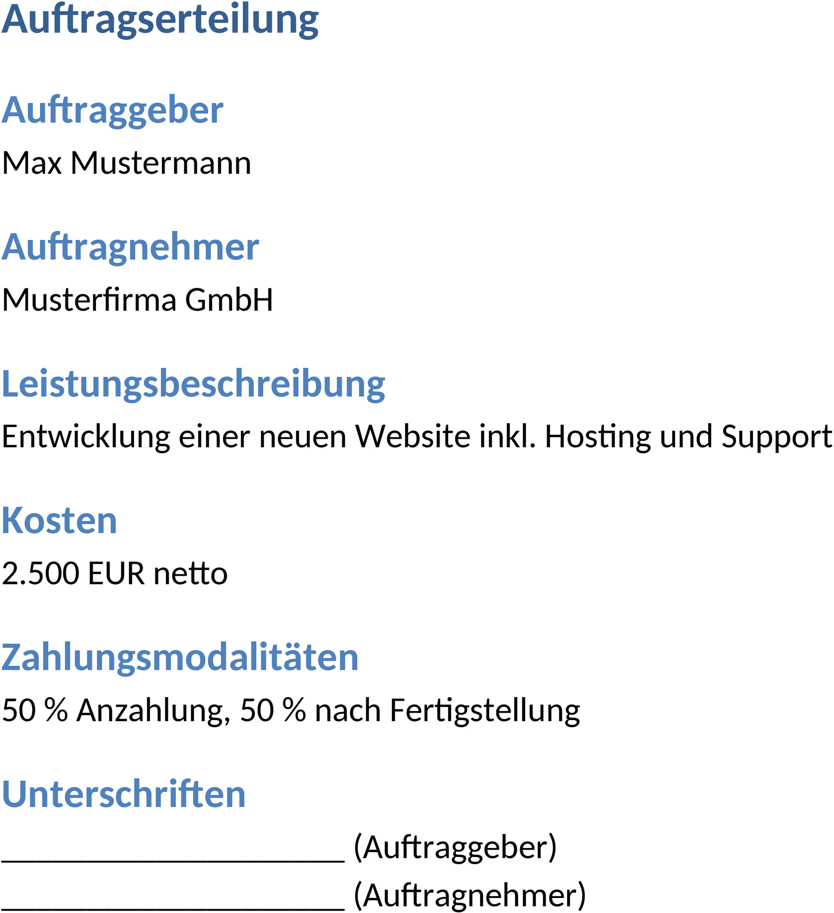 Word-Vorlage für Auftragserteilung
