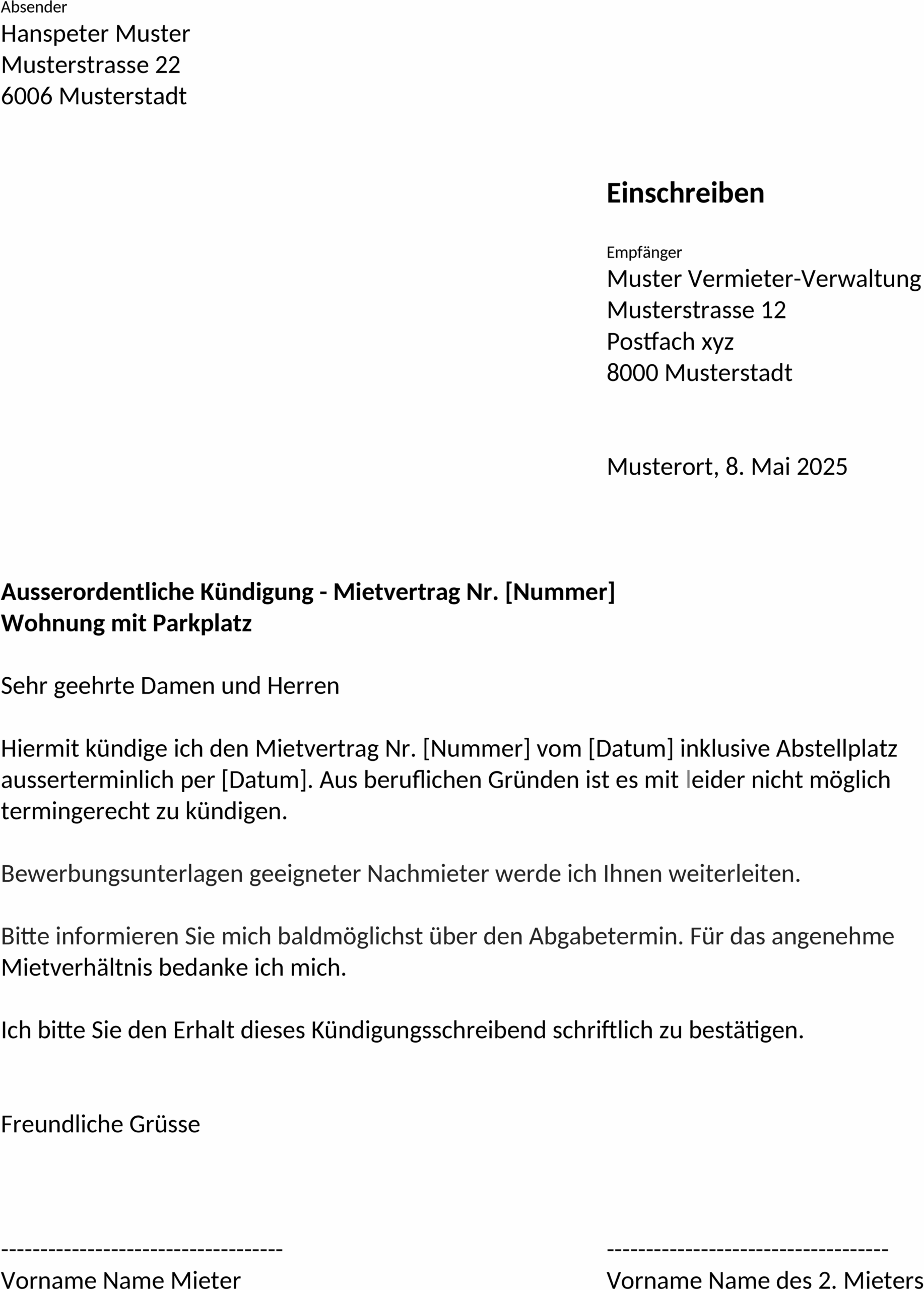Word-Vorlage Außerterminliche Kündigung Mietvertrag