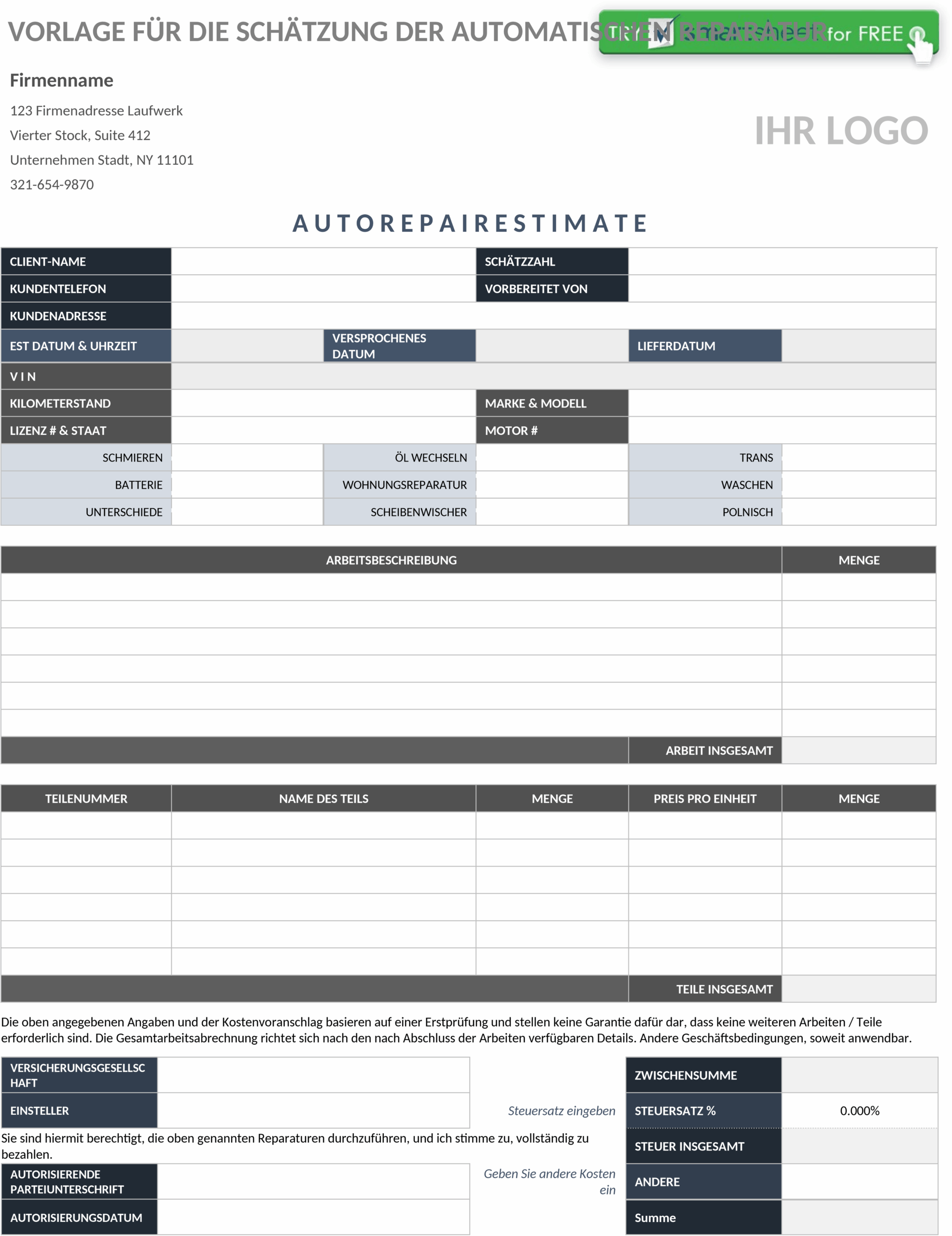 Word-Vorlage Autoreparatur Kostenvoranschlag