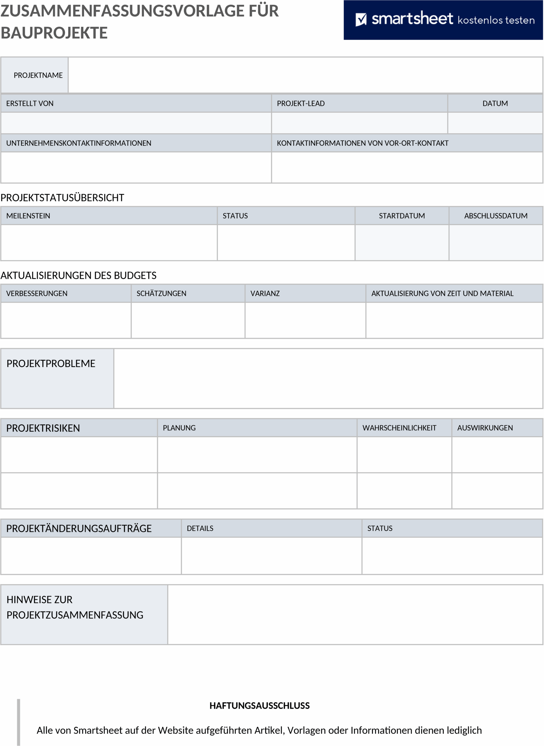 Word-Vorlage für Bauprojekt-Zusammenfassung