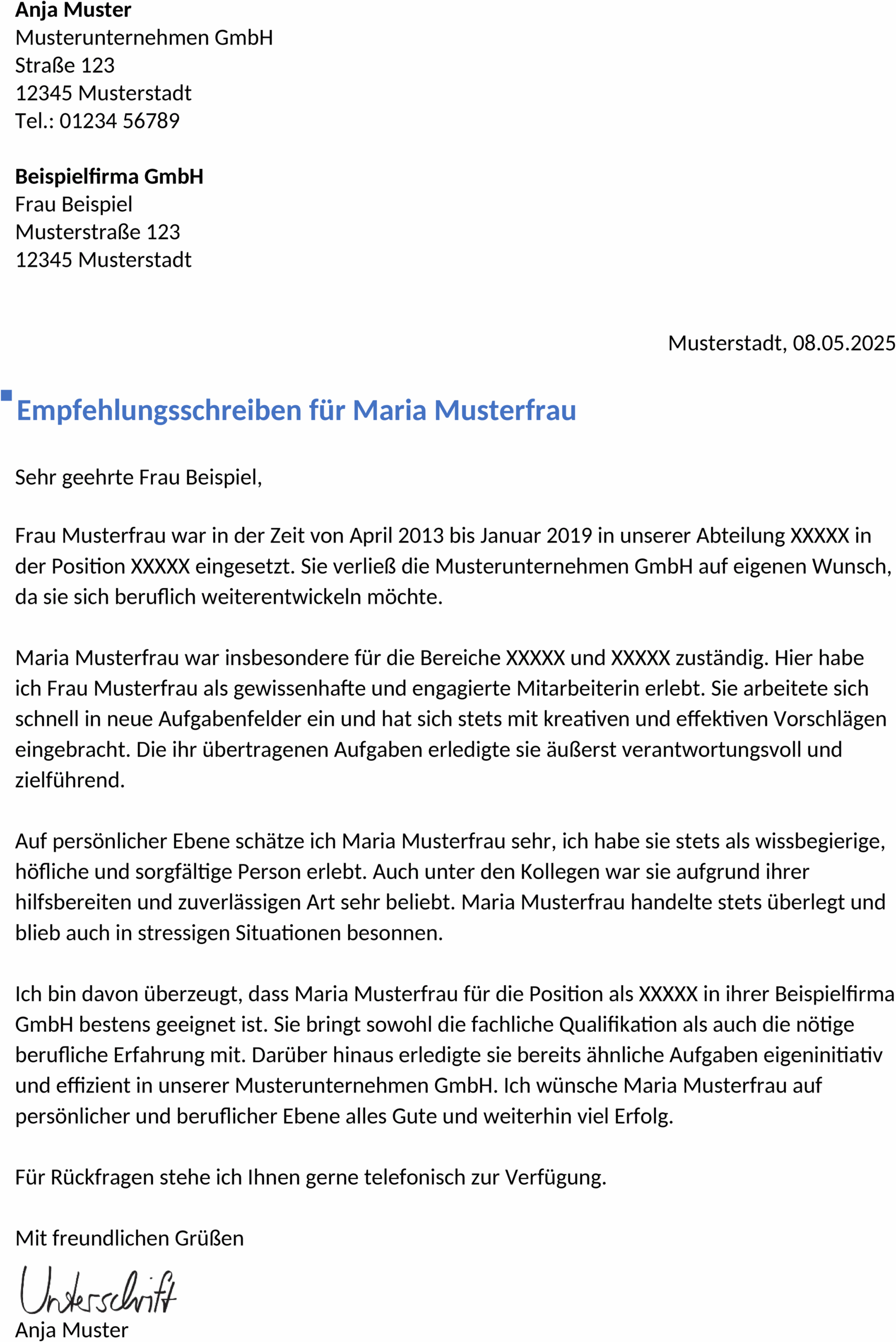 Word-Vorlage Beruf Empfehlungsschreiben