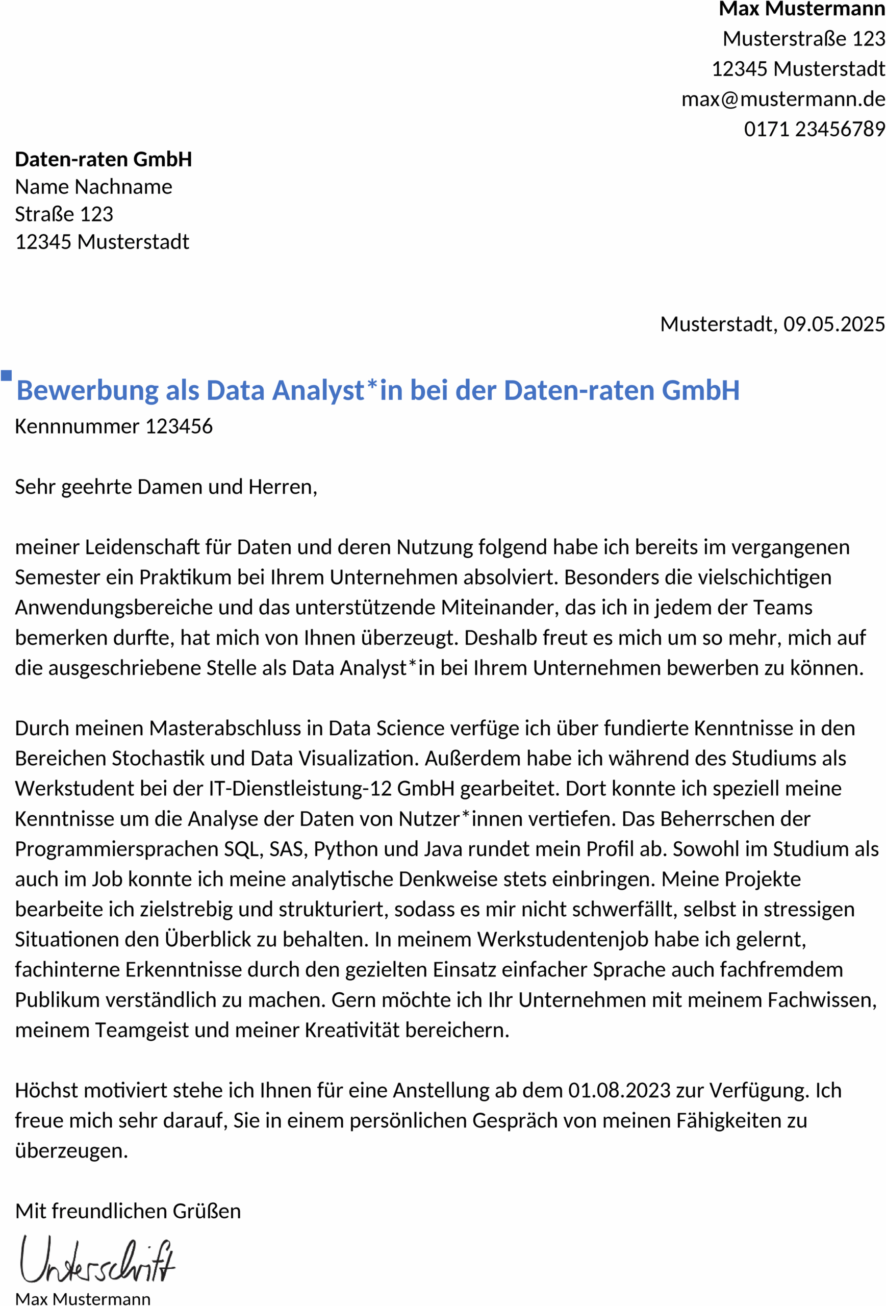 Word-Vorlage für den Berufseinstieg als Data Analyst