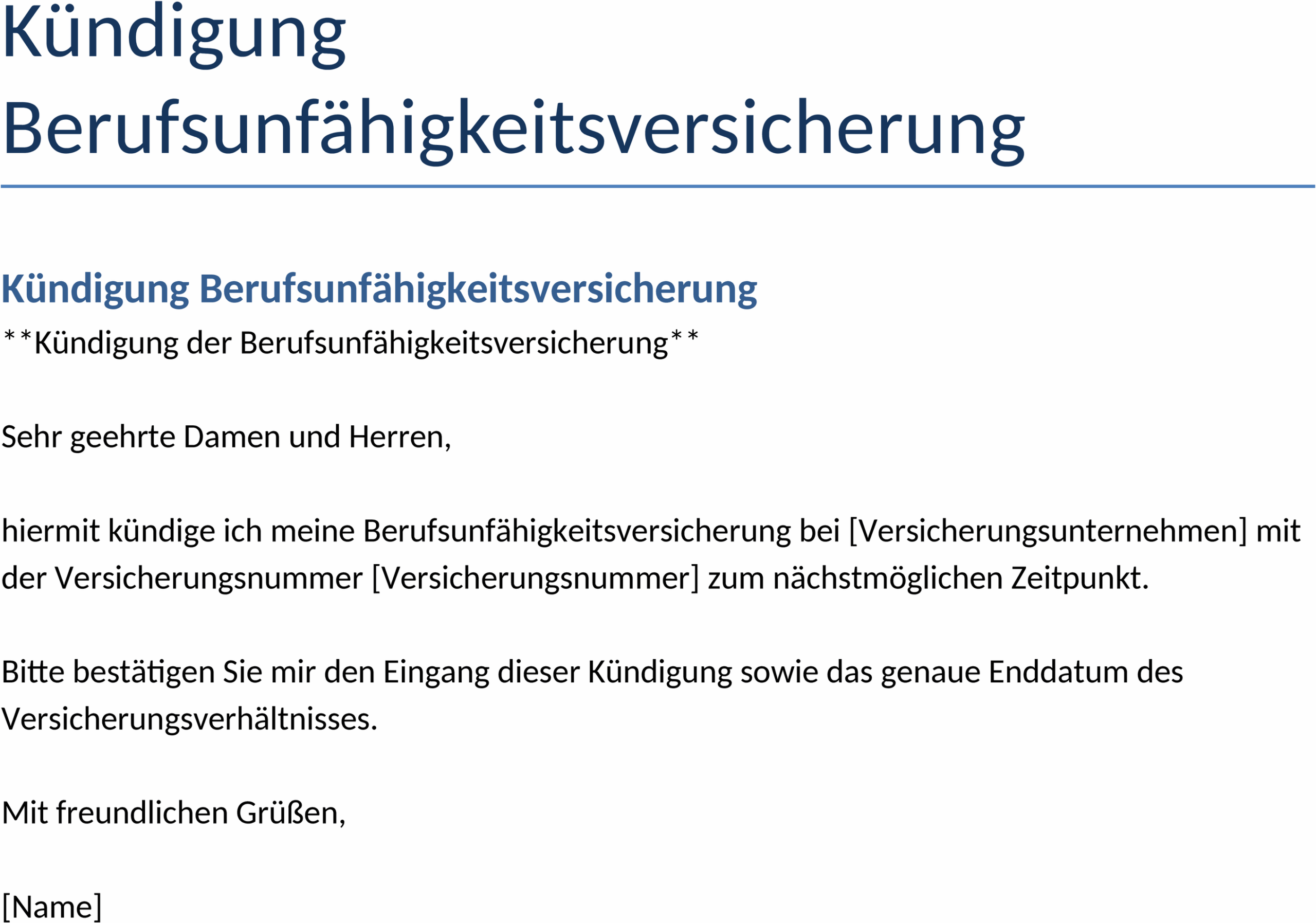 Word-Vorlage Berufsunfähigkeitsversicherung Kündigung