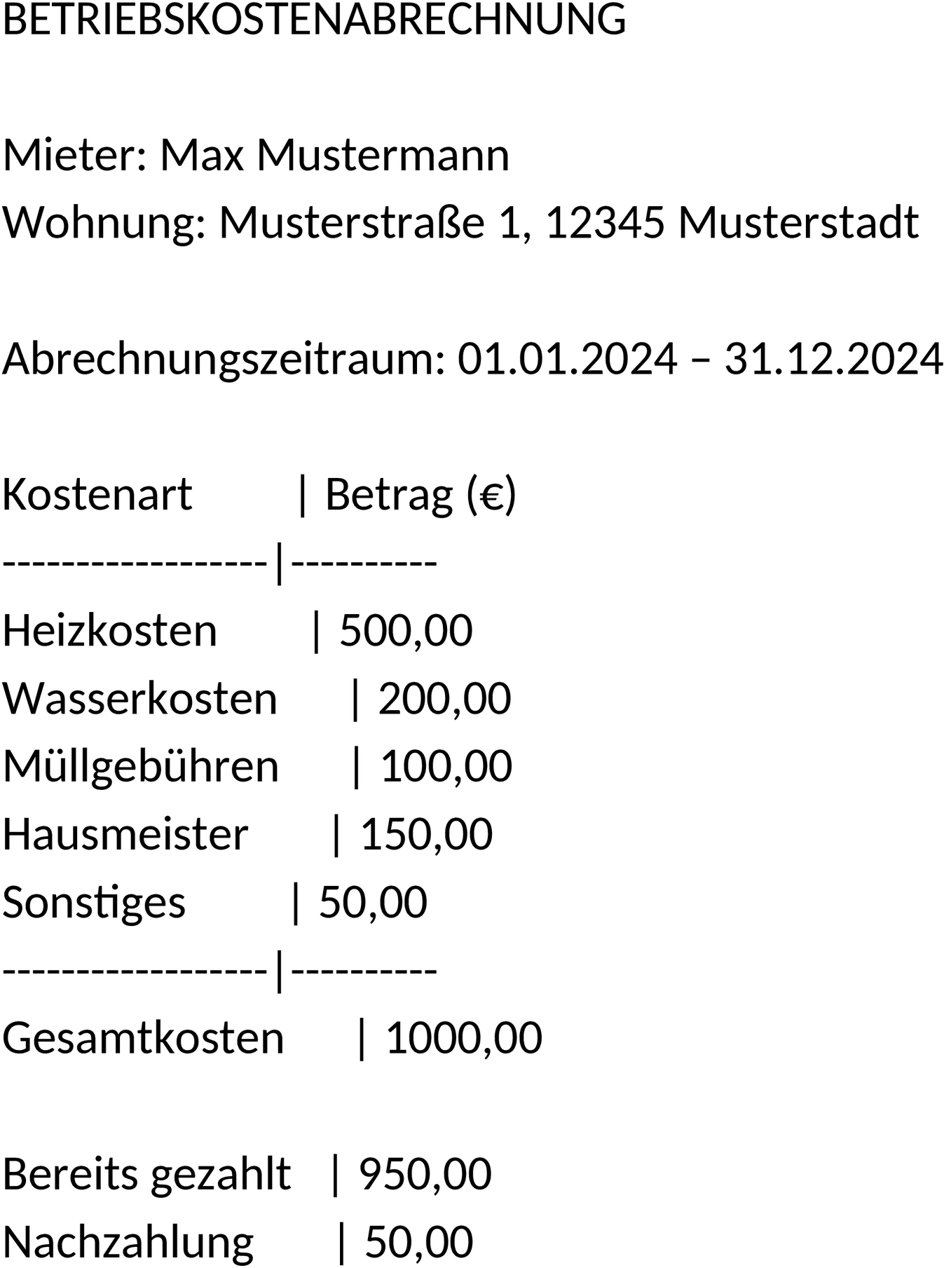 Word-Vorlage für Betriebskosten- und Nebenkostenabrechnung