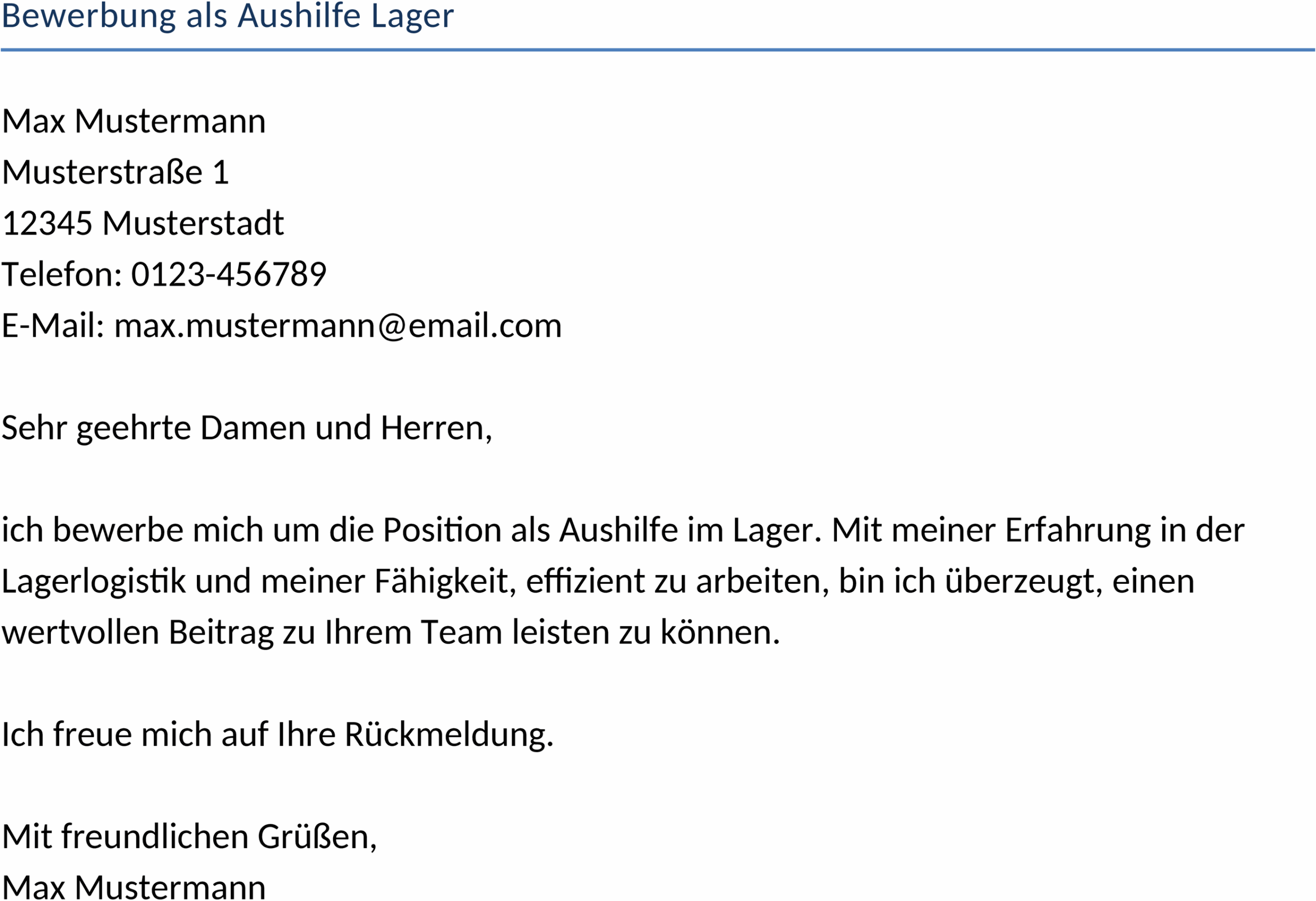Word Vorlage Bewerbung als Aushilfe im Lager