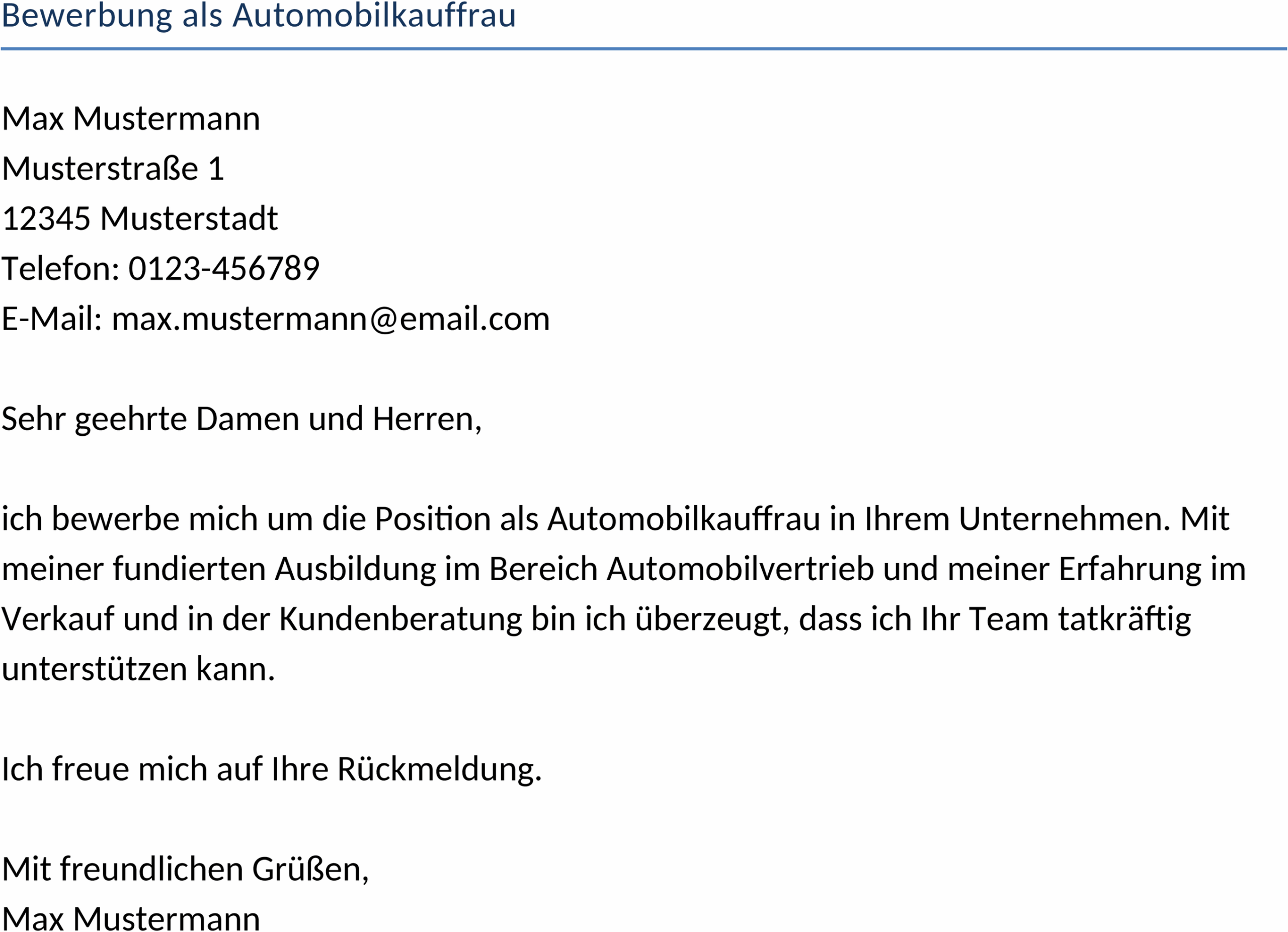 Word Vorlage Bewerbung als Automobilkauffrau