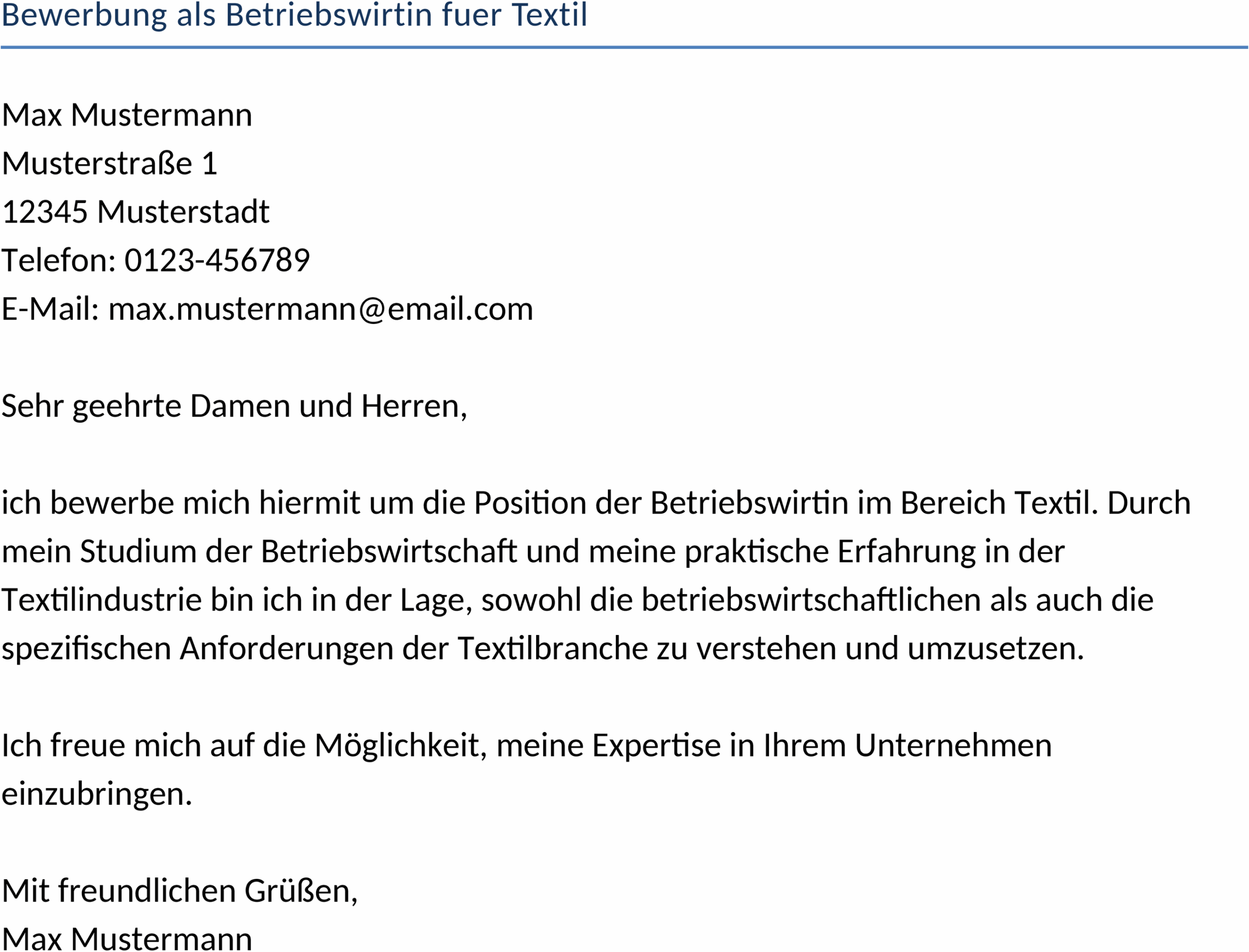 Word-Vorlage für Bewerbung als Betriebswirtin im Textilbereich