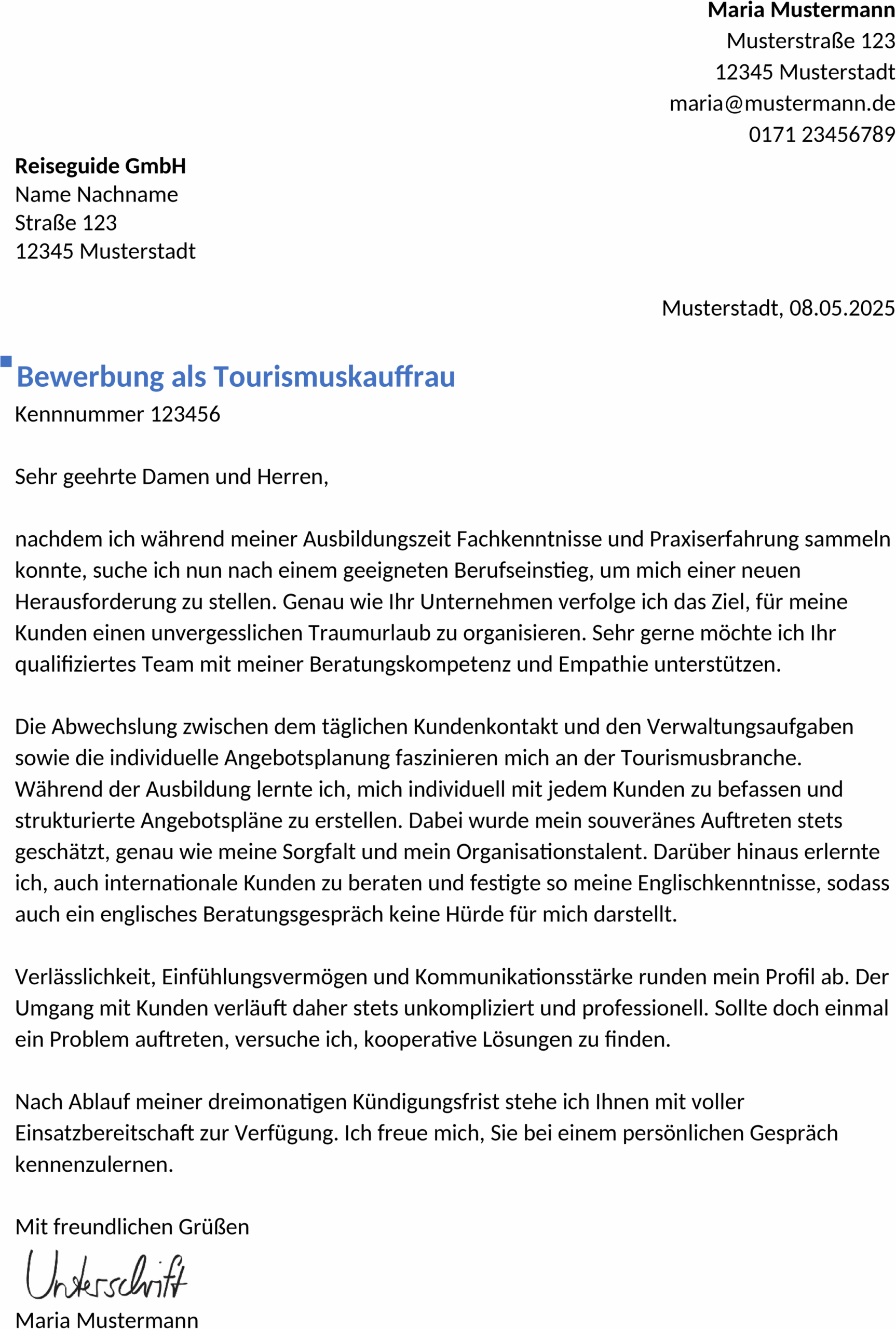 Word-Vorlage Bewerbung als Tourismuskauffrau für Berufseinsteiger