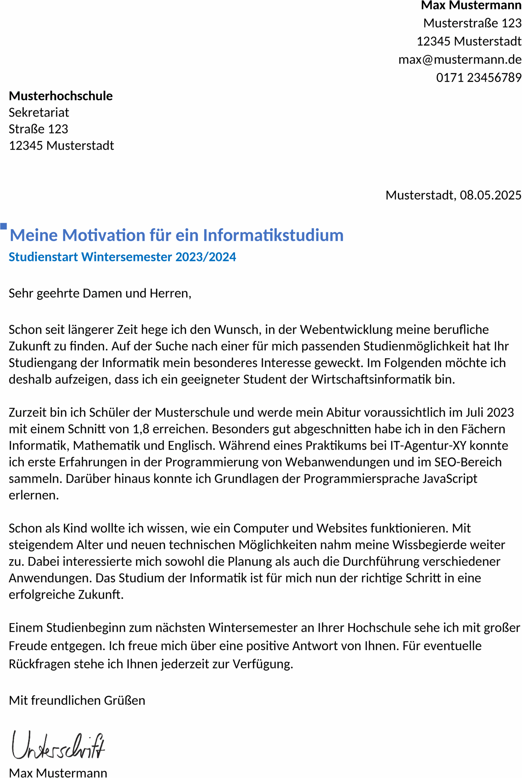 Word Vorlage Bewerbung als Web Developer für Studienabsolventen