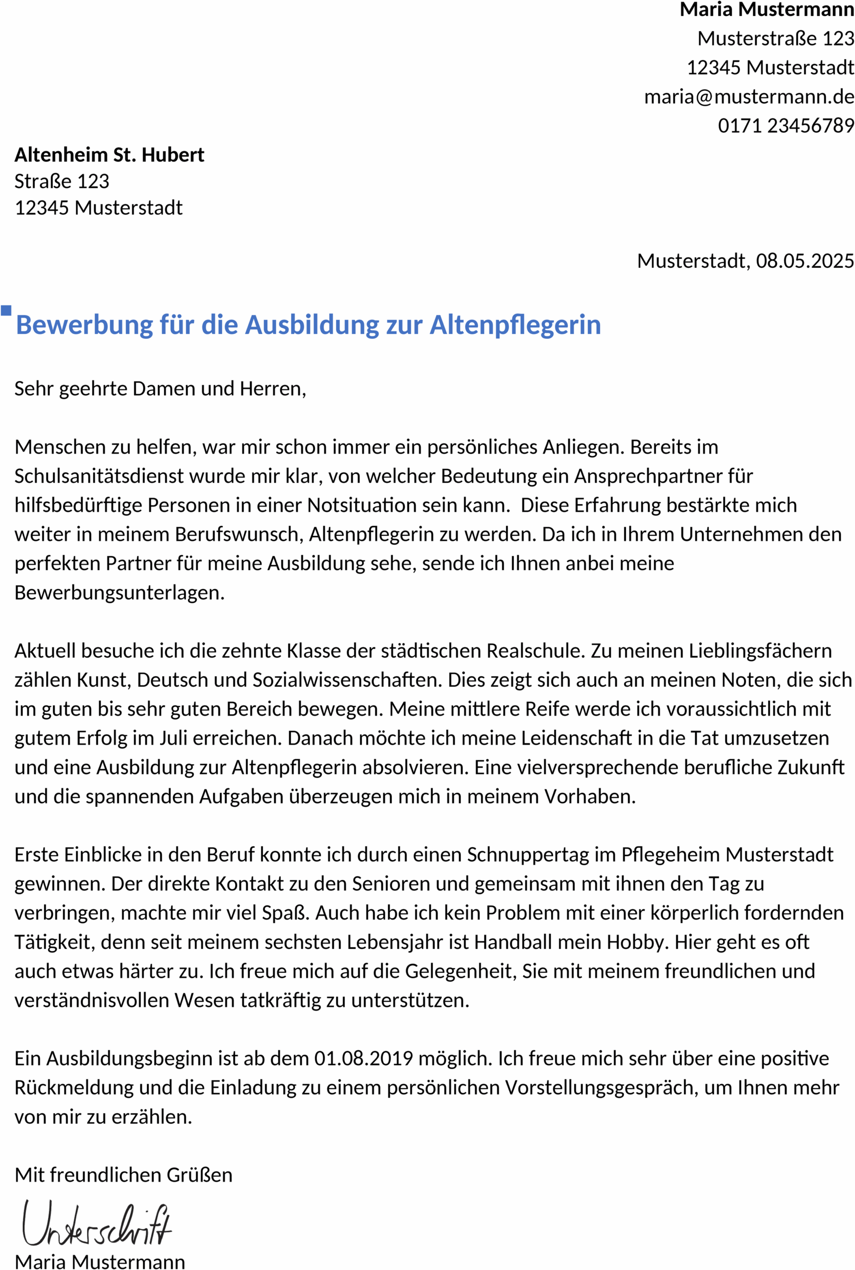 Word-Vorlage Bewerbung AltenpflegerIn Ausbildung