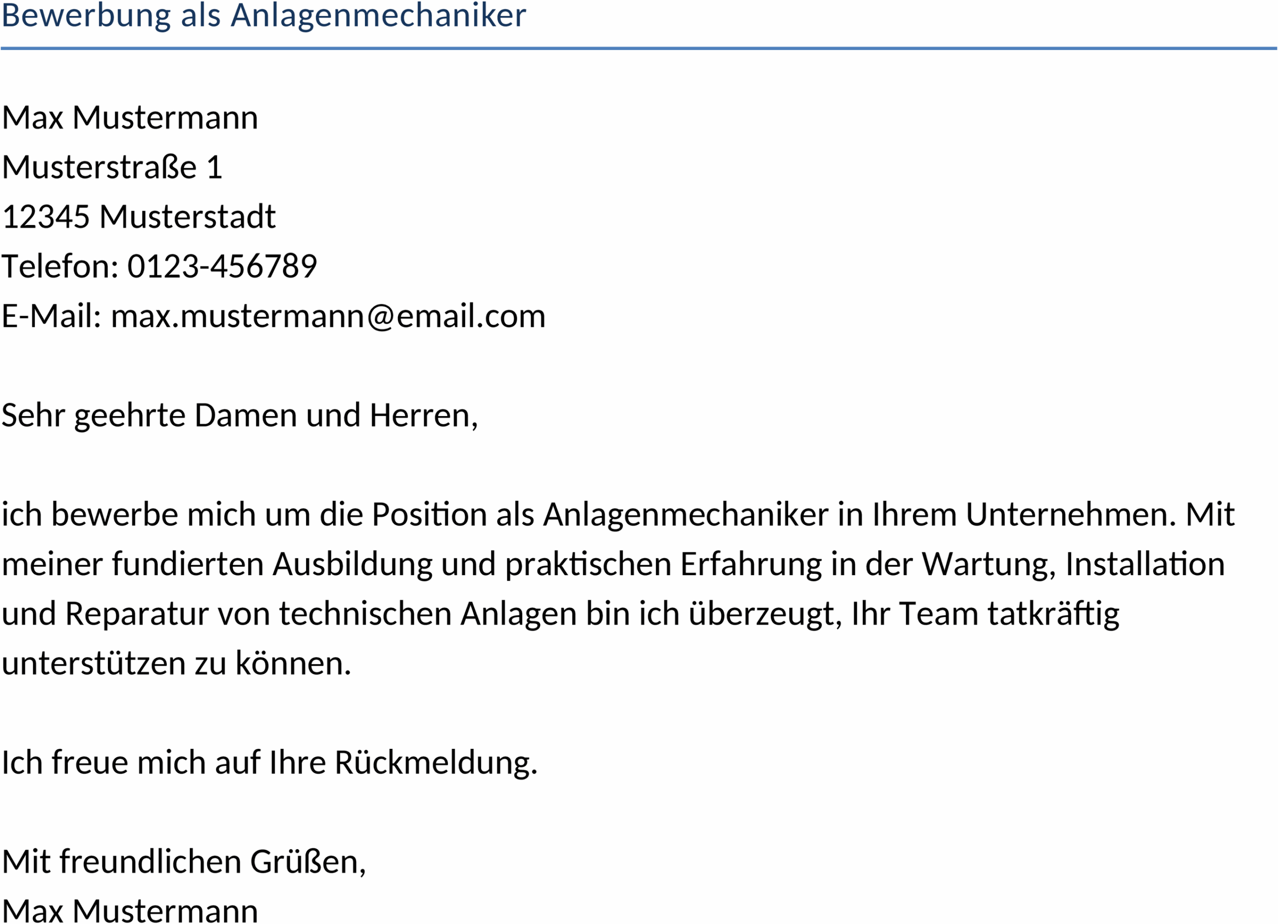 Word-Vorlage Bewerbung als Anlagenmechaniker