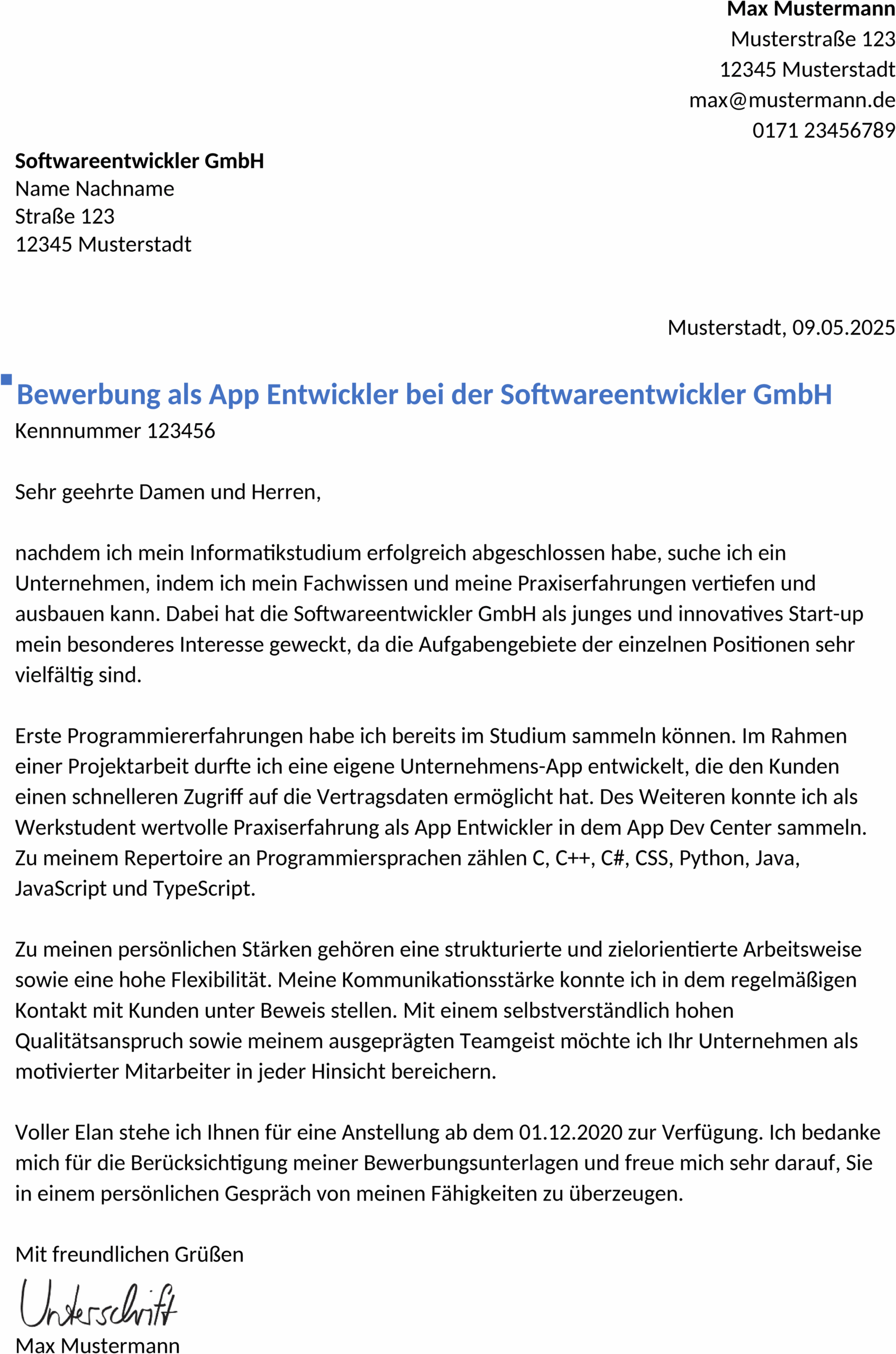 Word-Vorlage für Bewerbung als App-Entwickler im Berufseinstieg