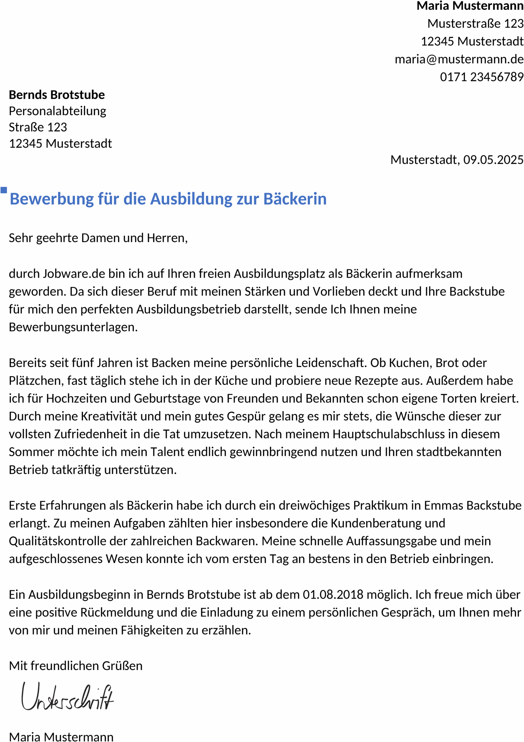Word-Vorlage Bewerbung Bäcker:in Ausbildung