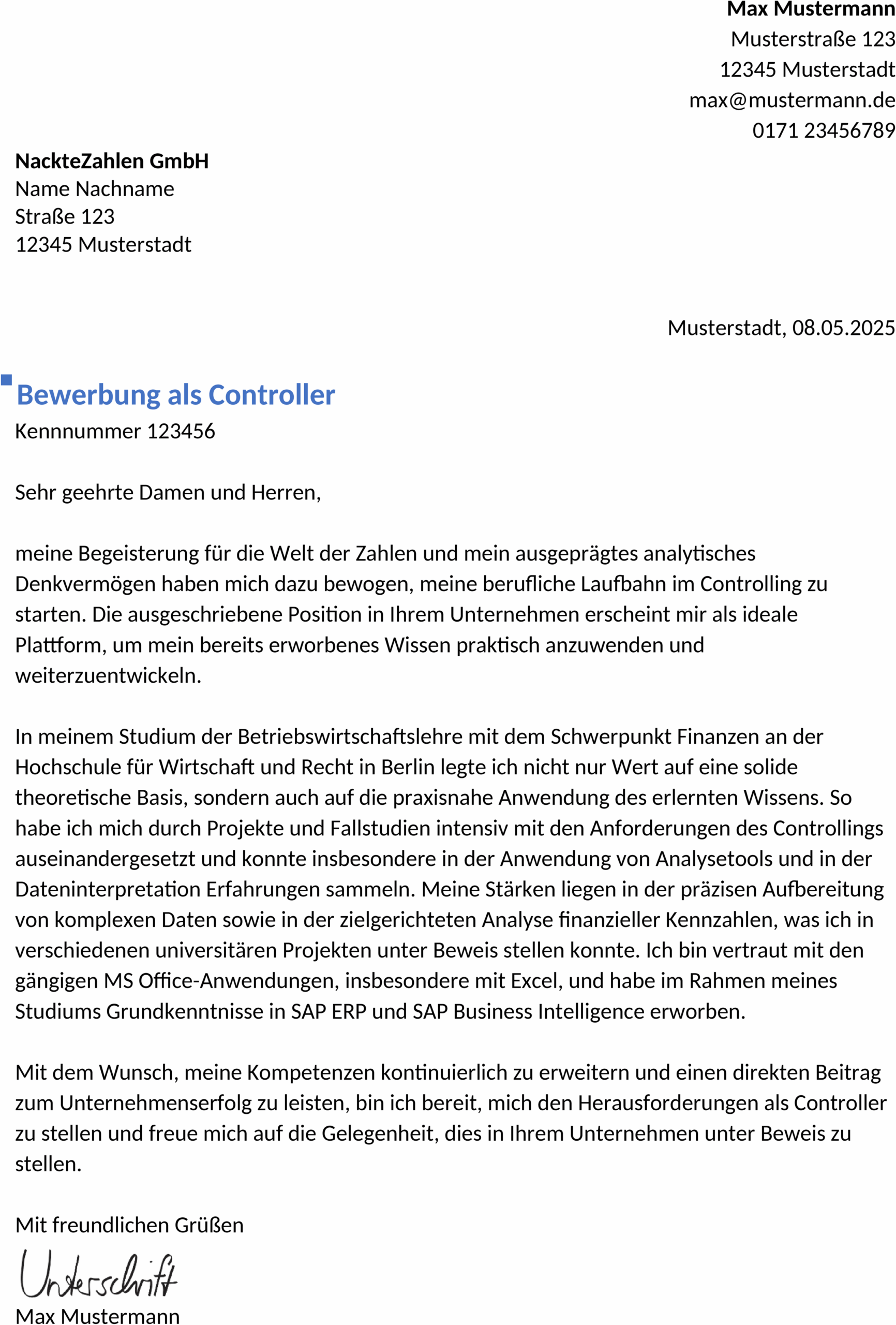 Word-Vorlage Bewerbung für Berufseinsteiger
