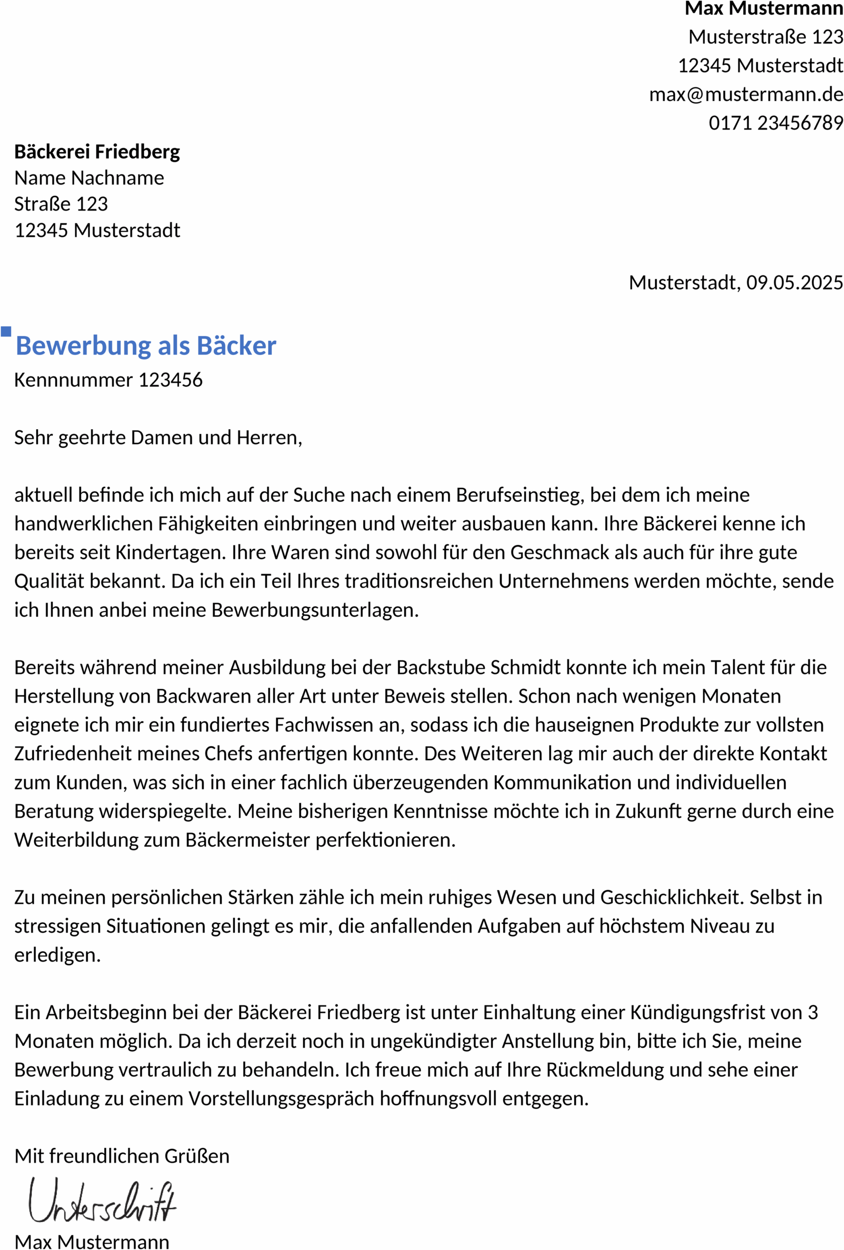 Word Vorlage Bewerbung Berufseinstieg Baecker
