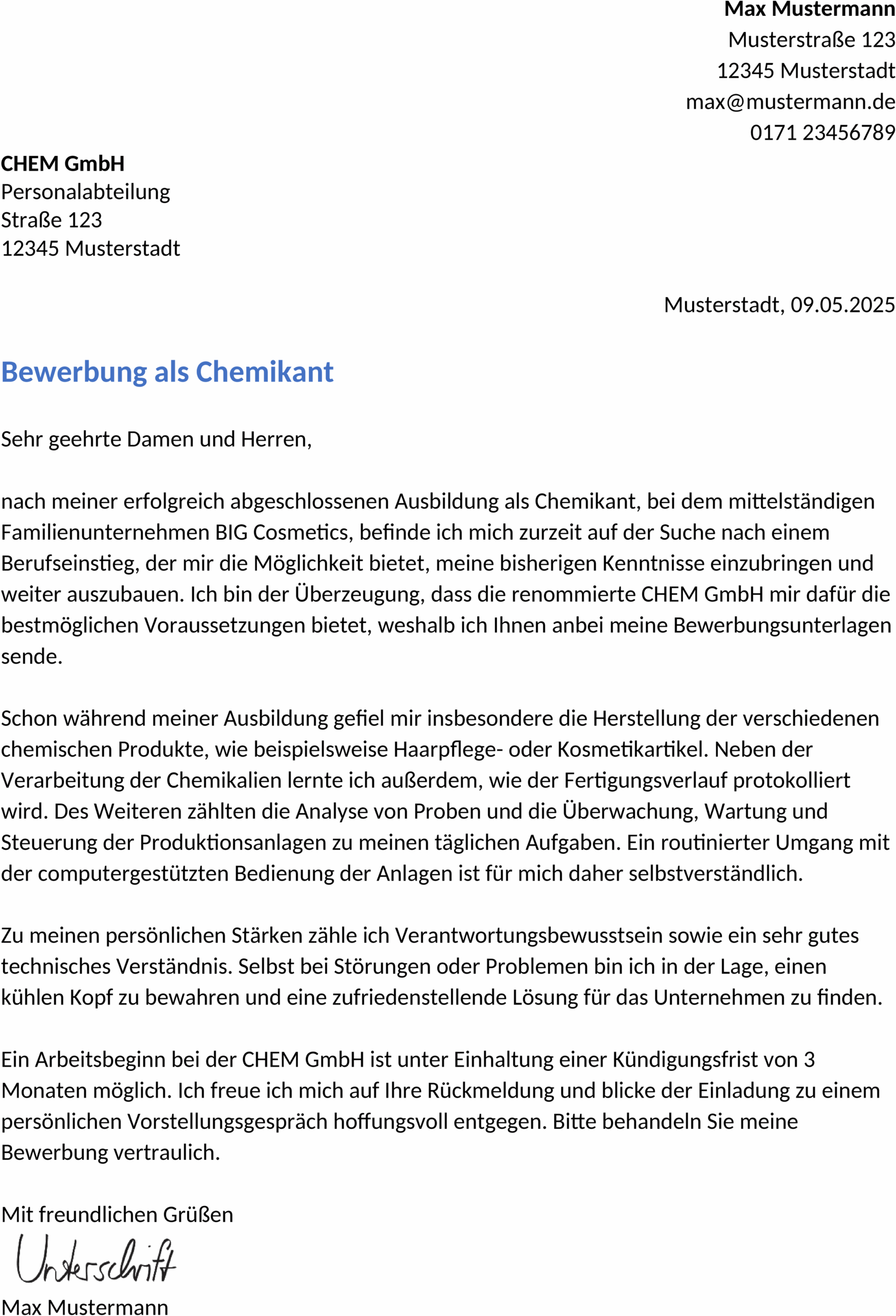 Word Vorlage Bewerbung Berufseinstieg Chemikant