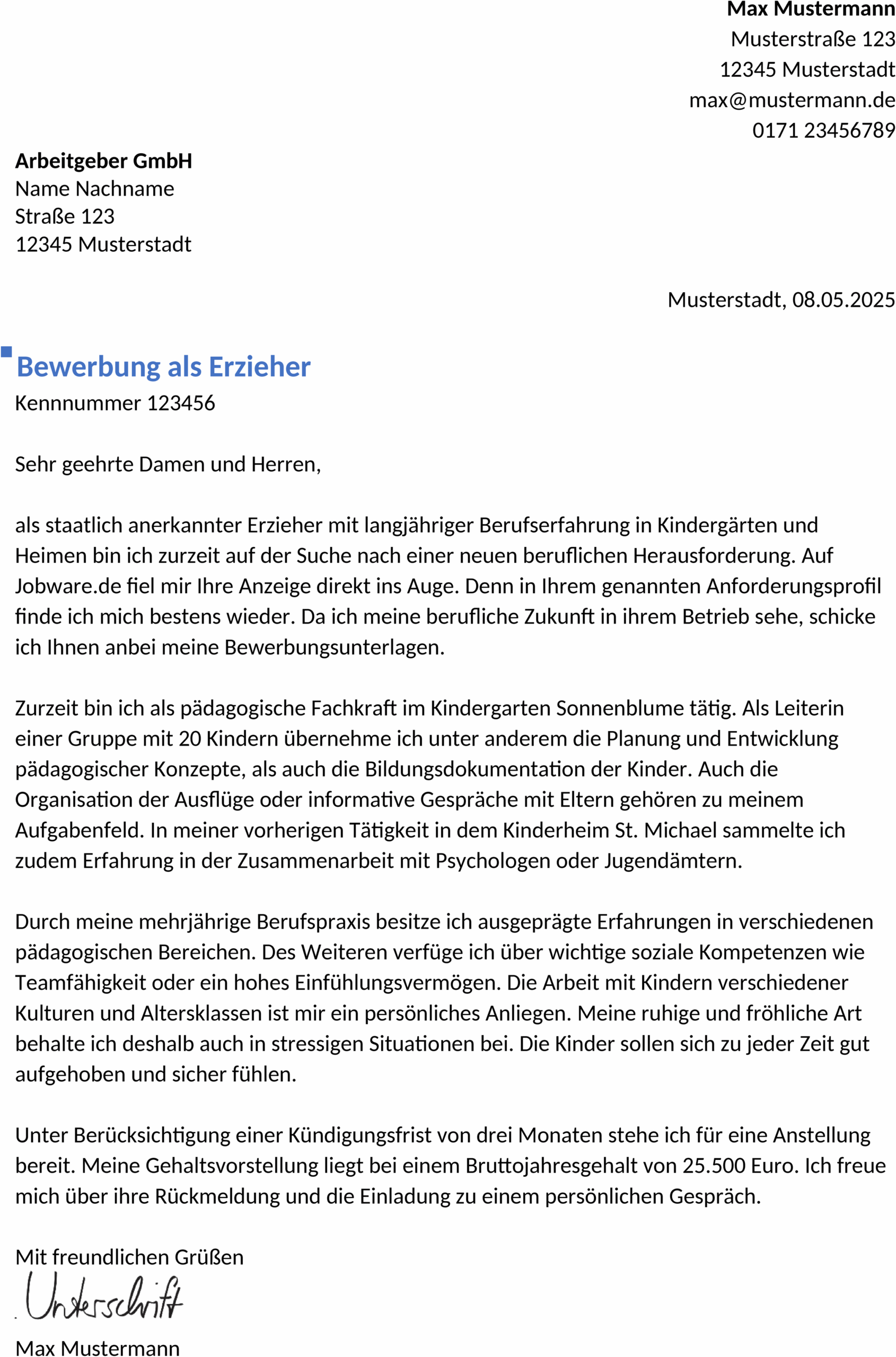 Word Vorlage Bewerbung für Berufserfahrene Erzieher:innen
