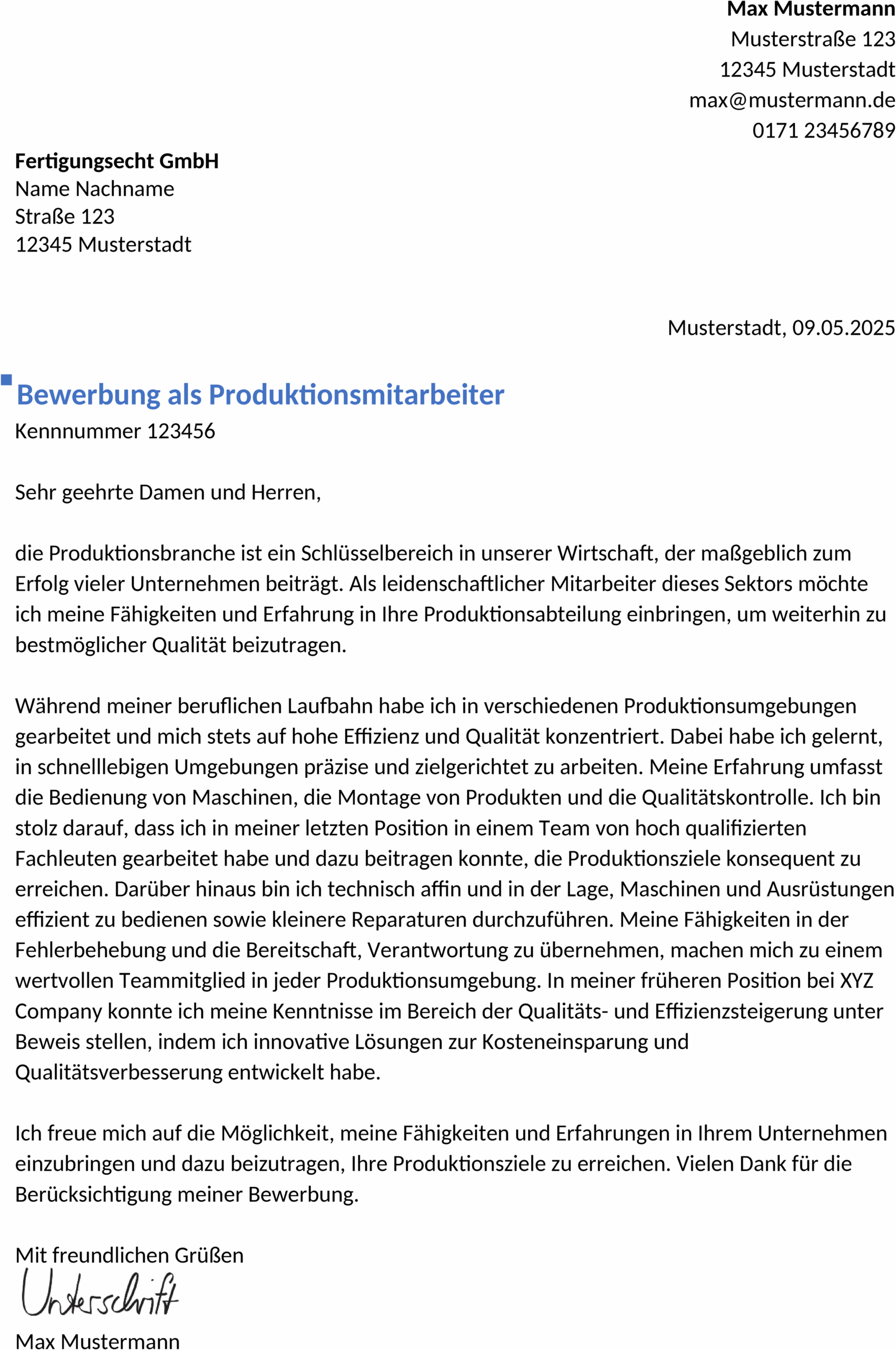 Word-Vorlage Bewerbung für Berufserfahrene Produktionsmitarbeiter