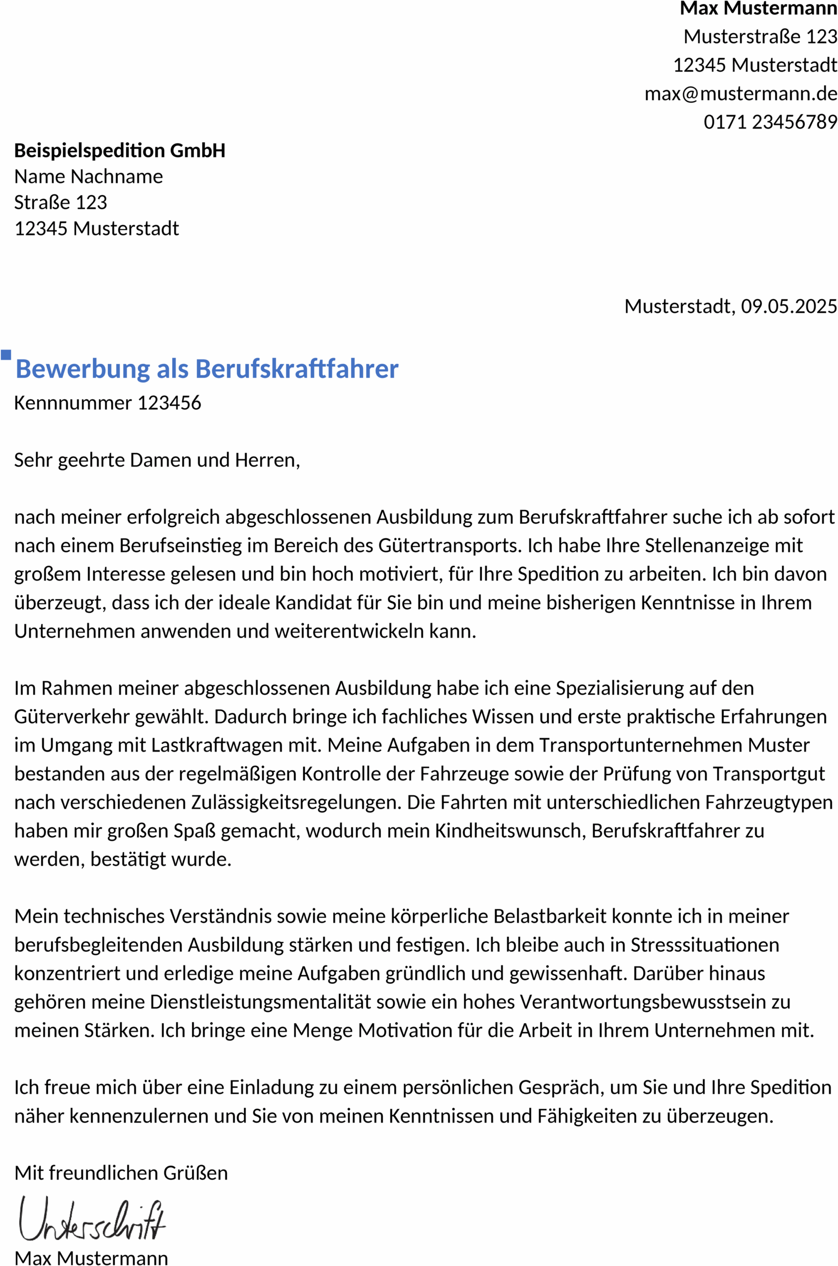Word-Vorlage Bewerbung Berufskraftfahrer Berufseinstieg