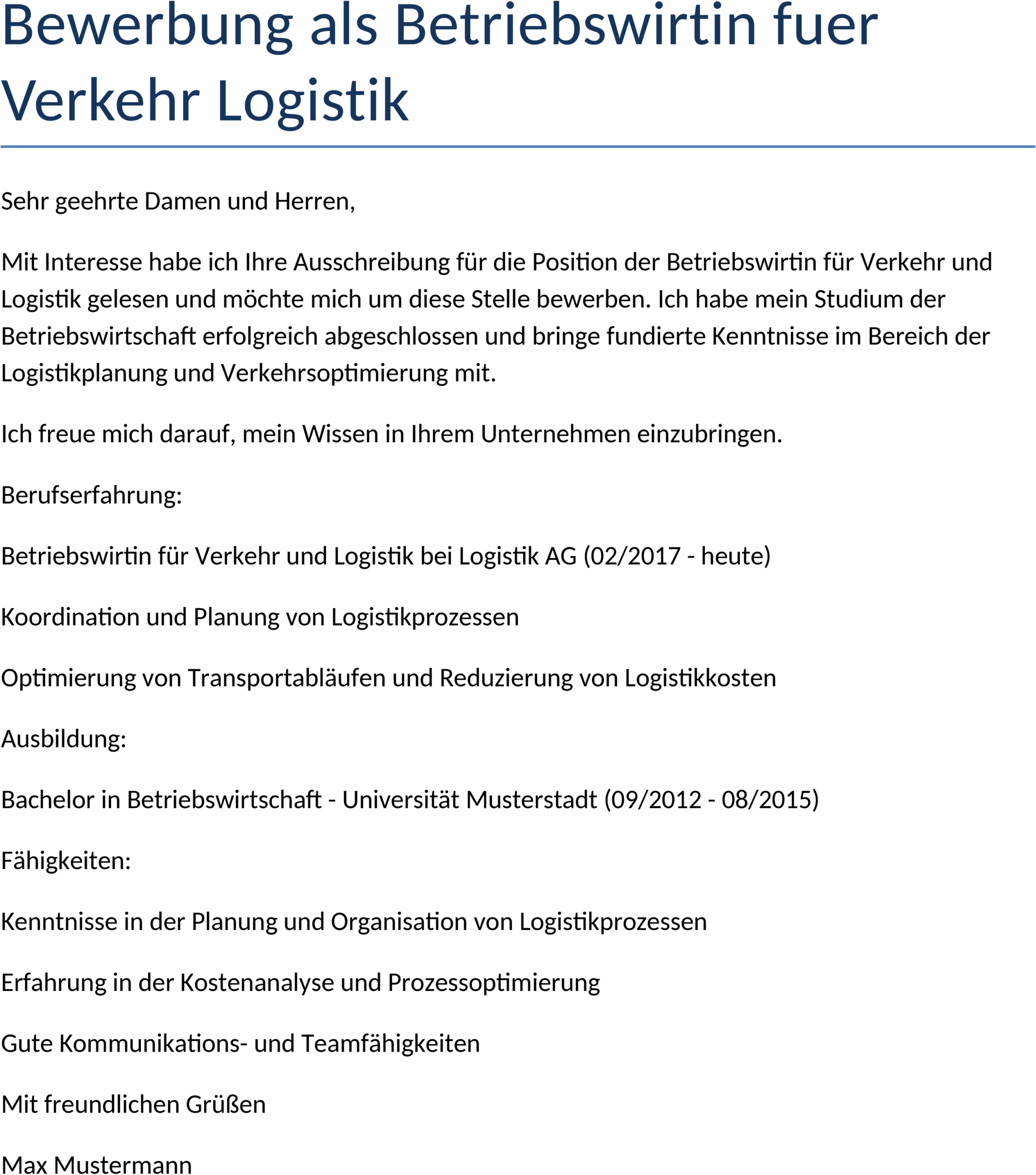 Word-Vorlage Bewerbung Betriebswirtin Verkehr Logistik