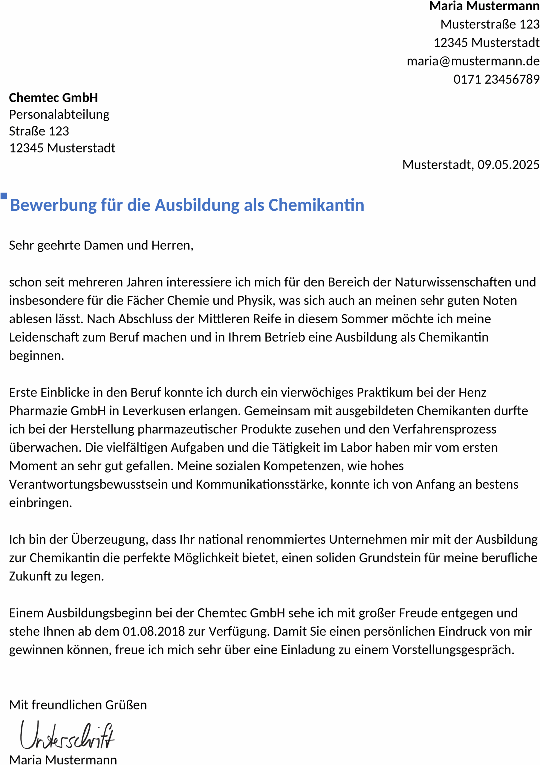 Word-Vorlage Bewerbung Chemikant Ausbildung