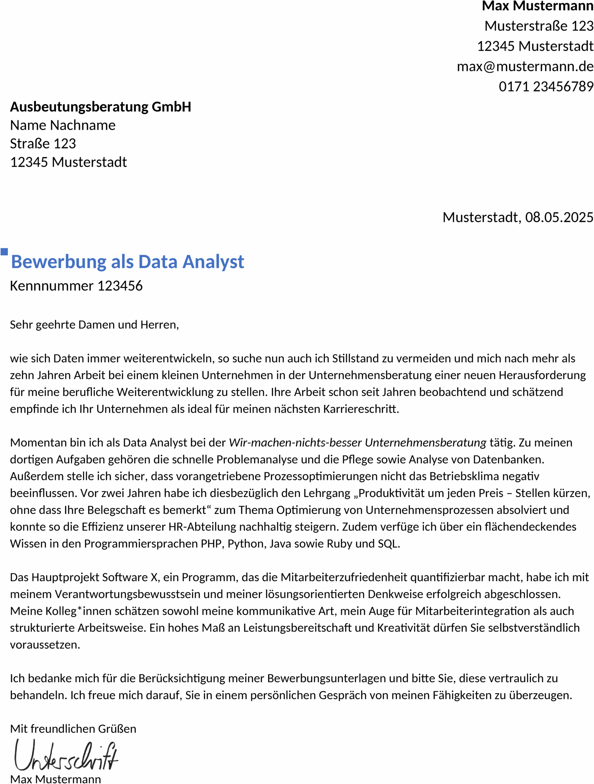 Word-Vorlage für Bewerbung als Data Analyst