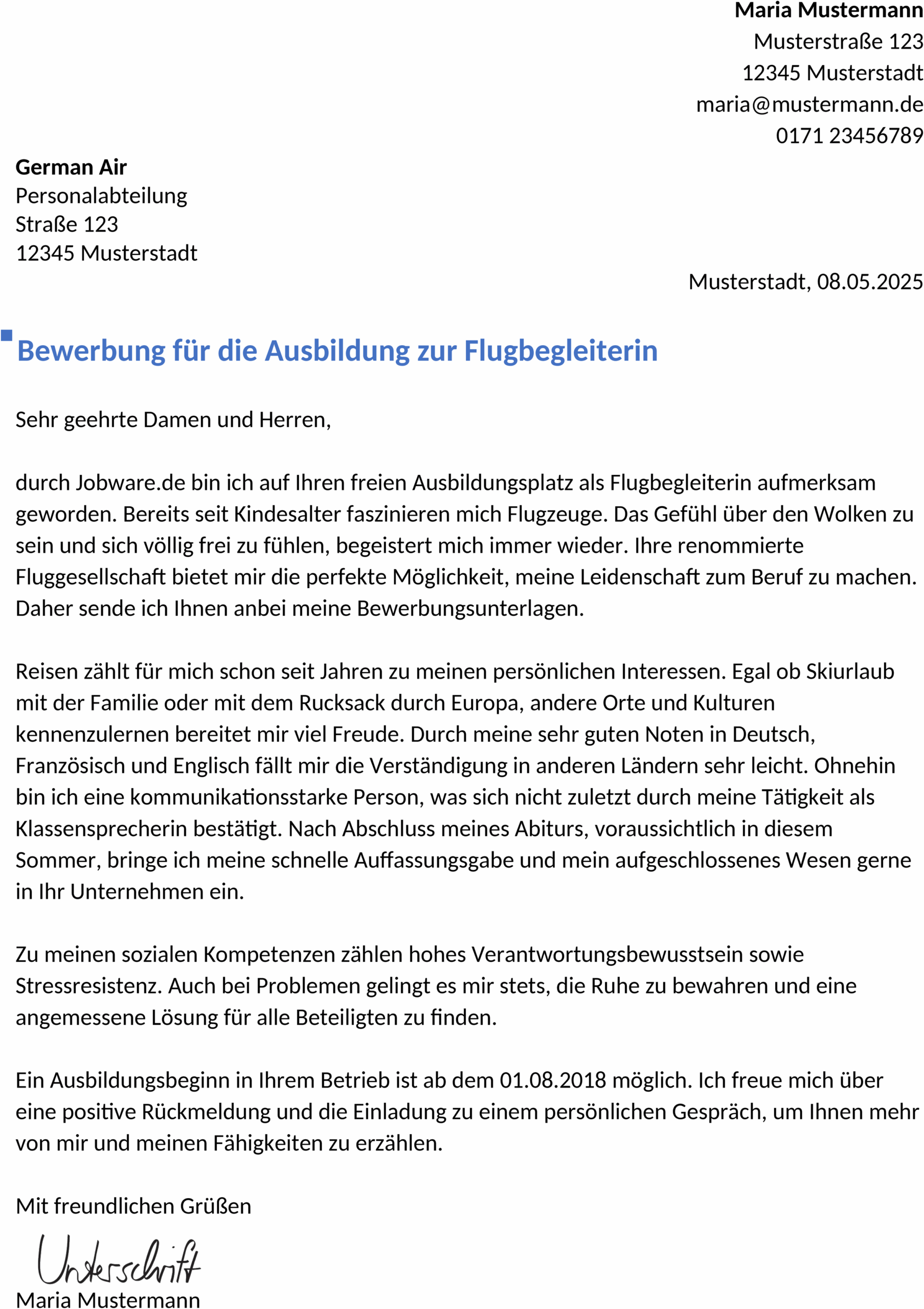 Word-Vorlage Bewerbung Flugbegleiter Ausbildung